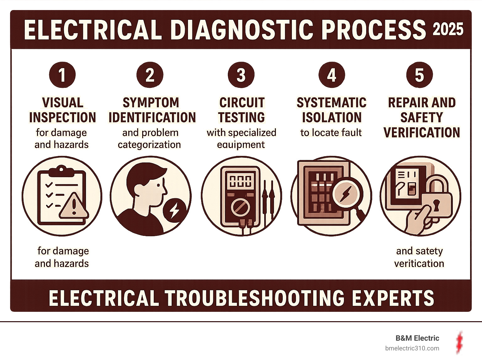 Infographic showing the 5-step electrical diagnostic process: 1) Visual inspection for damage and hazards, 2) Symptom identification and problem categorization, 3) Circuit testing with specialized equipment, 4) Systematic isolation to locate fault, 5) Repair and safety verification - Electrical troubleshooting experts infographic