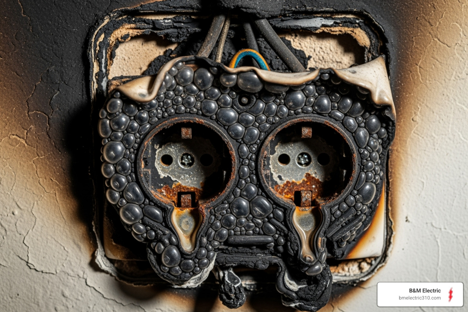 burnt and melted electrical outlet - Electrical code violation repair burnt and melted electrical outlet - Electrical code violation repair