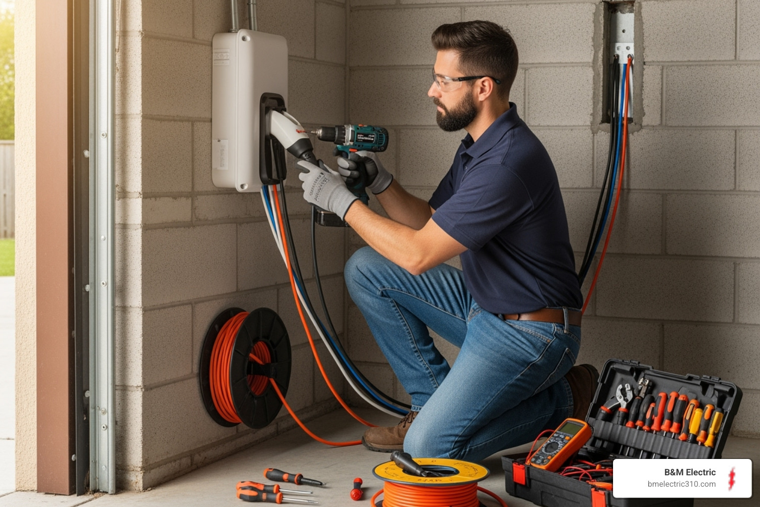 EV charger being mounted on garage wall - Garage EV charger install