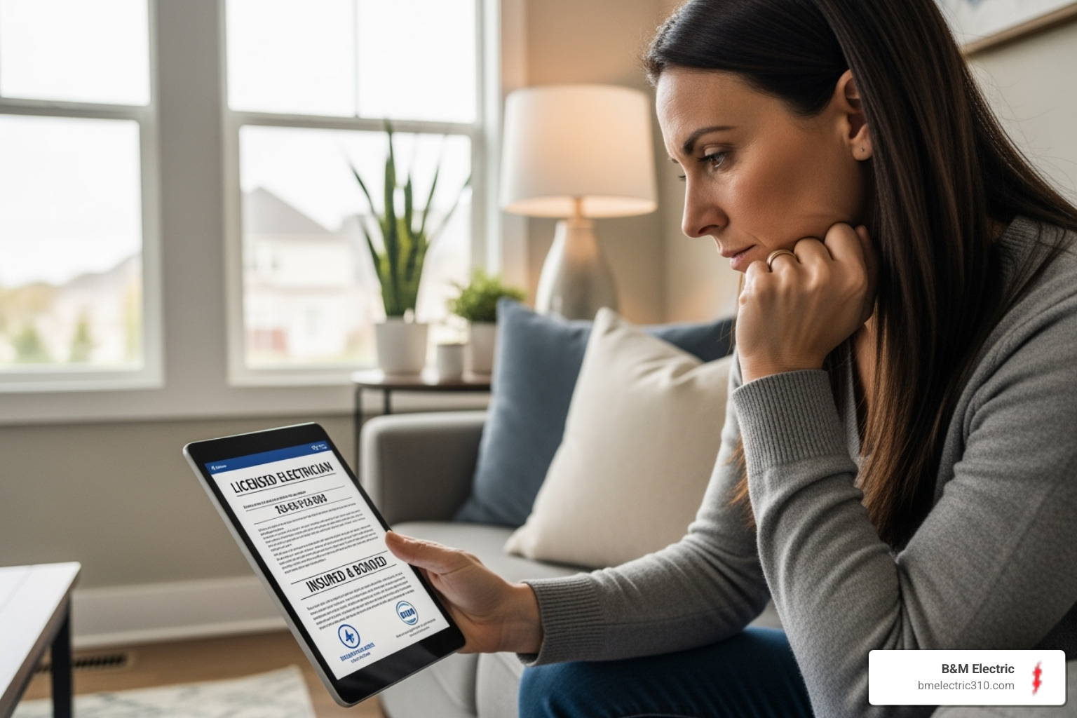 homeowner reviewing an electrician's credentials on a tablet - trusted electricians near me