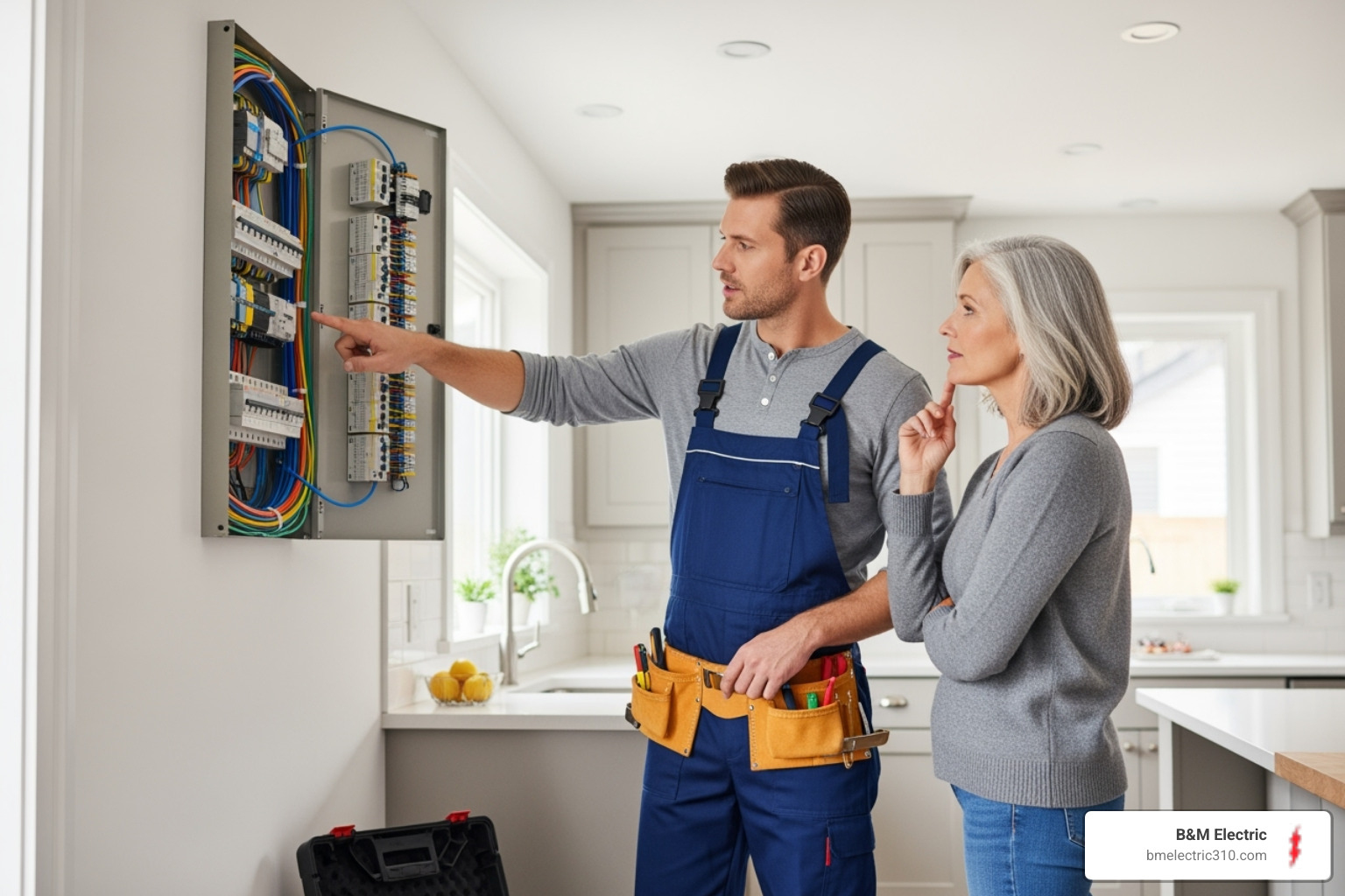 electrician clearly explaining a repair to a homeowner - trusted electricians near me