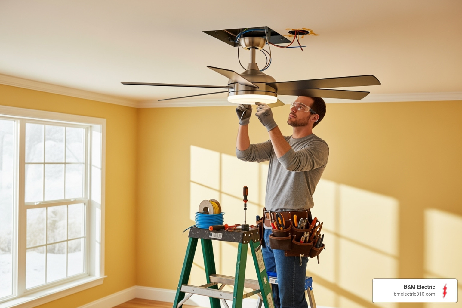 electrician installing a modern ceiling fan with integrated lighting - trusted electricians near me