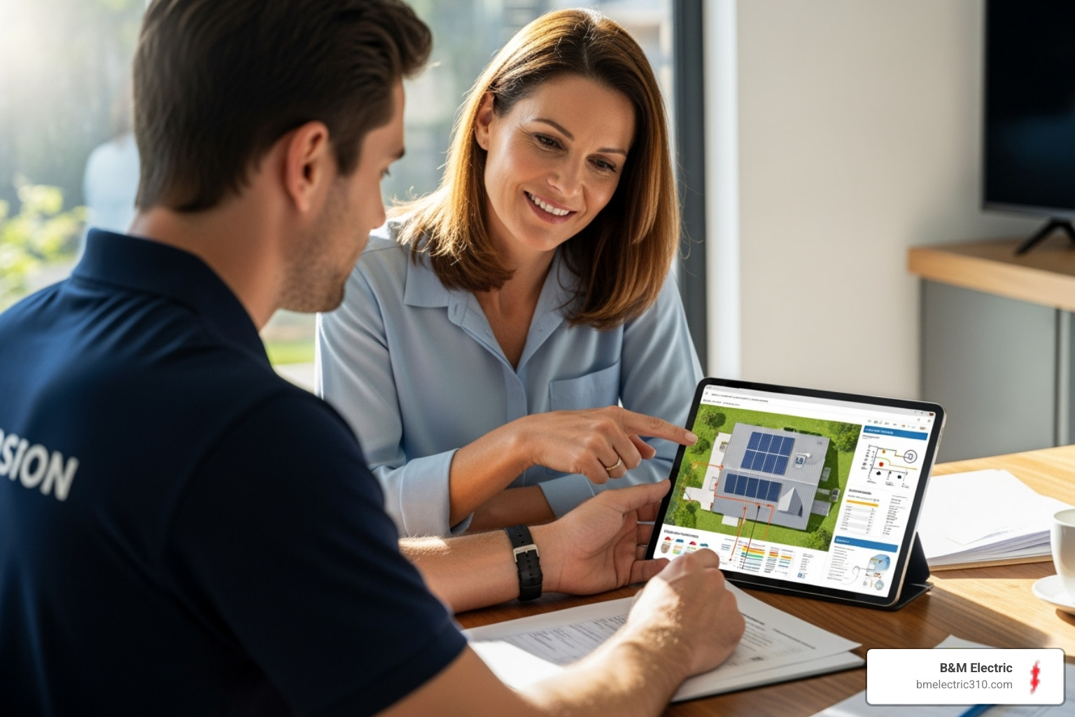 Homeowner reviewing solar system design plan with technician - Solar Service Torrance