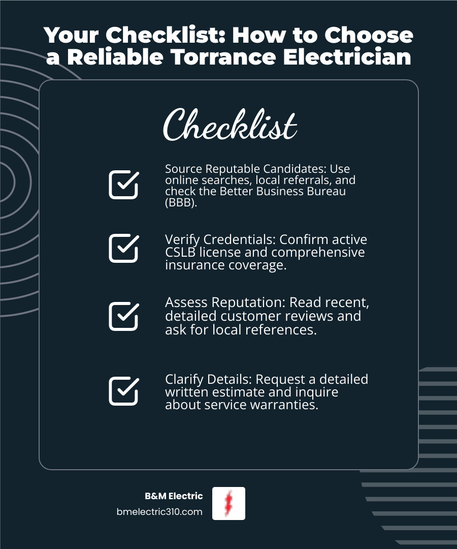 Checklist for vetting an electrician - Professional Electrical Services in Torrance infographic checklist-dark-blue Checklist for vetting an electrician - Professional Electrical Services in Torrance infographic checklist-dark-blue