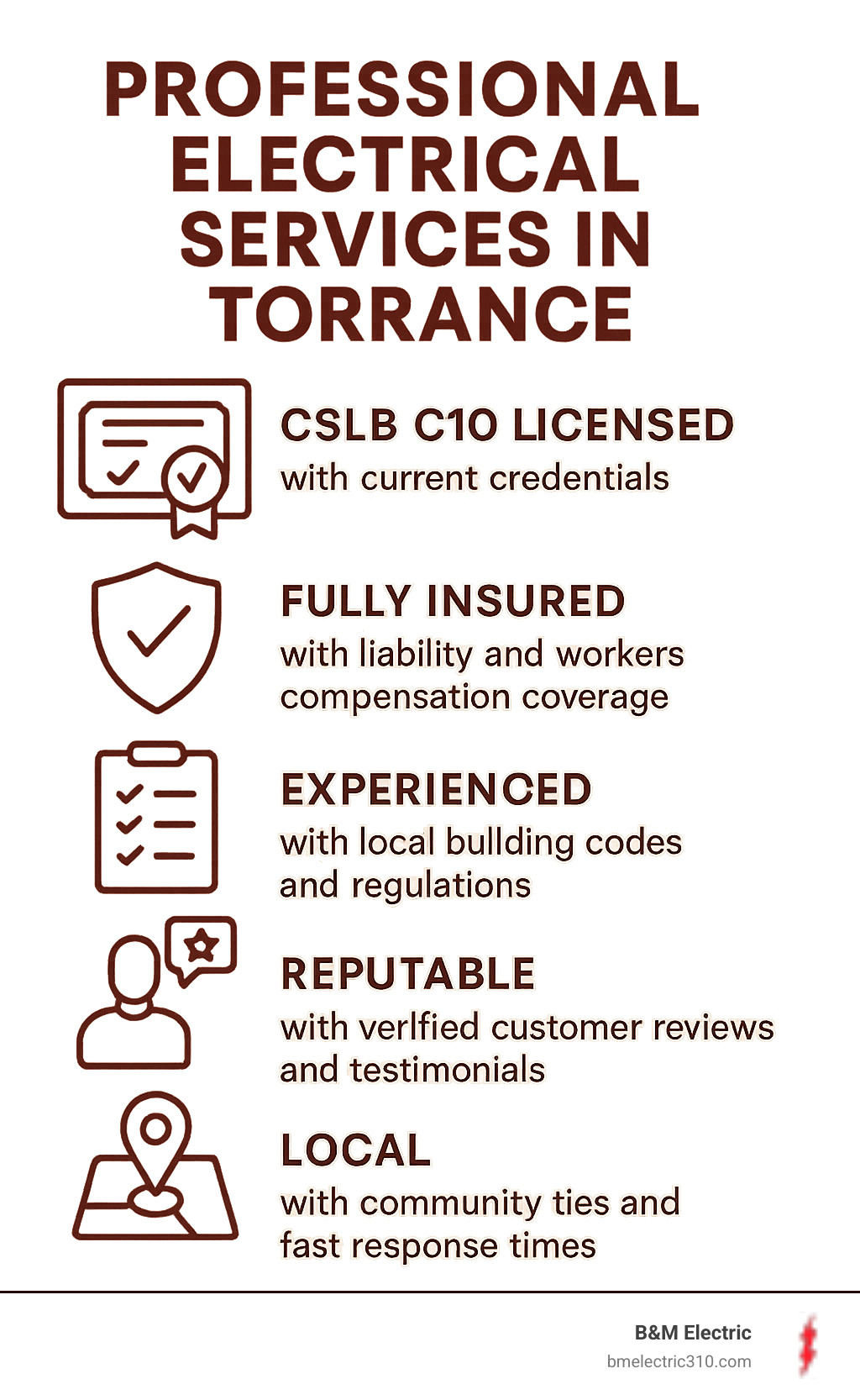 Infographic showing the 5 key qualities of professional electricians in Torrance: CSLB C10 Licensed with current credentials, Fully Insured with liability and workers compensation coverage, Experienced with local building codes and regulations, Reputable with verified customer reviews and testimonials, and Local with community ties and fast response times - Professional Electrical Services in Torrance infographic Infographic showing the 5 key qualities of professional electricians in Torrance: CSLB C10 Licensed with current credentials, Fully Insured with liability and workers compensation coverage, Experienced with local building codes and regulations, Reputable with verified customer reviews and testimonials, and Local with community ties and fast response times - Professional Electrical Services in Torrance infographic