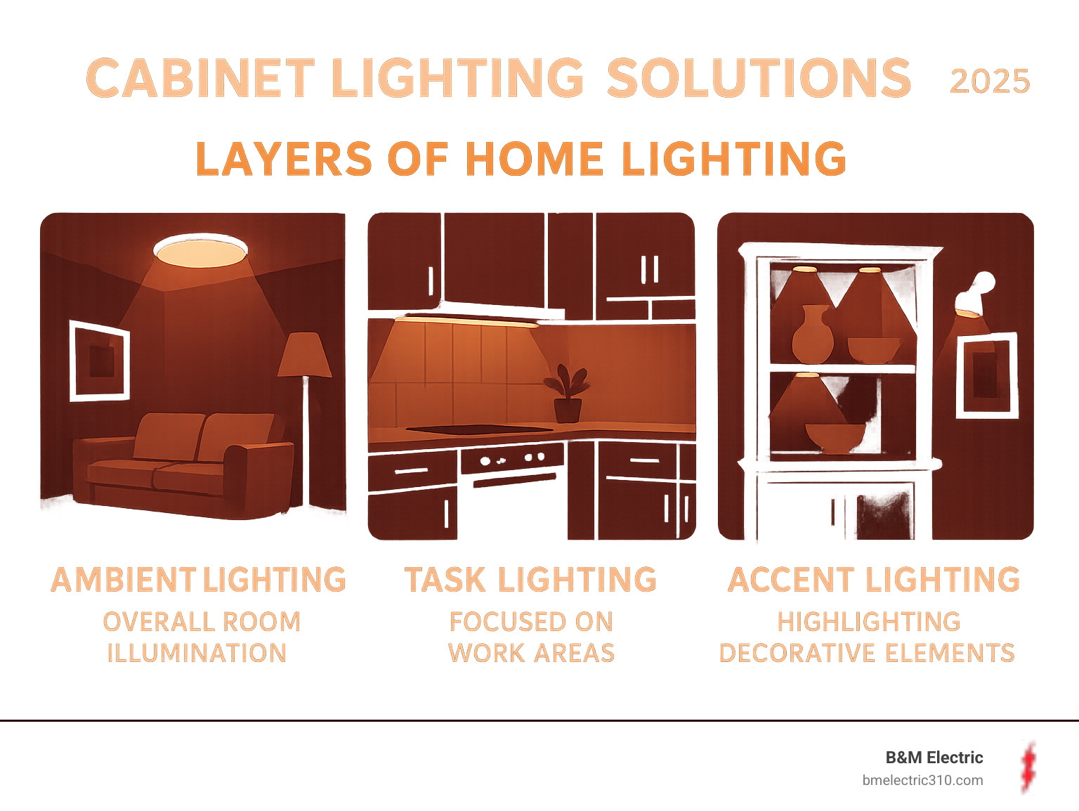 Infographic showing the three layers of home lighting: Ambient lighting providing overall room illumination, Task lighting focused on work areas including under-cabinet strips, and Accent lighting highlighting decorative elements with cabinet puck lights and display lighting - Cabinet lighting solutions infographic