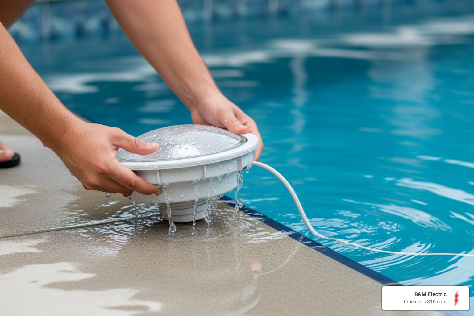 A pool light fixture being carefully lifted onto the pool deck - Pool light repair