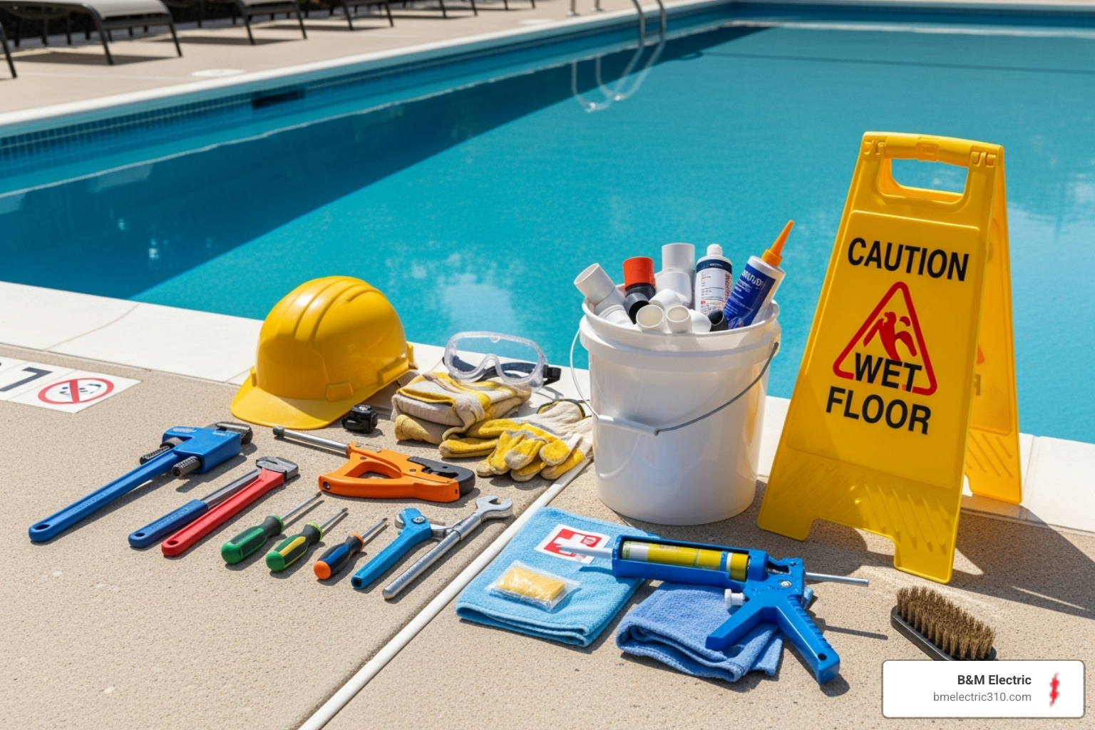 Essential tools and safety gear laid out by a pool - Pool light repair