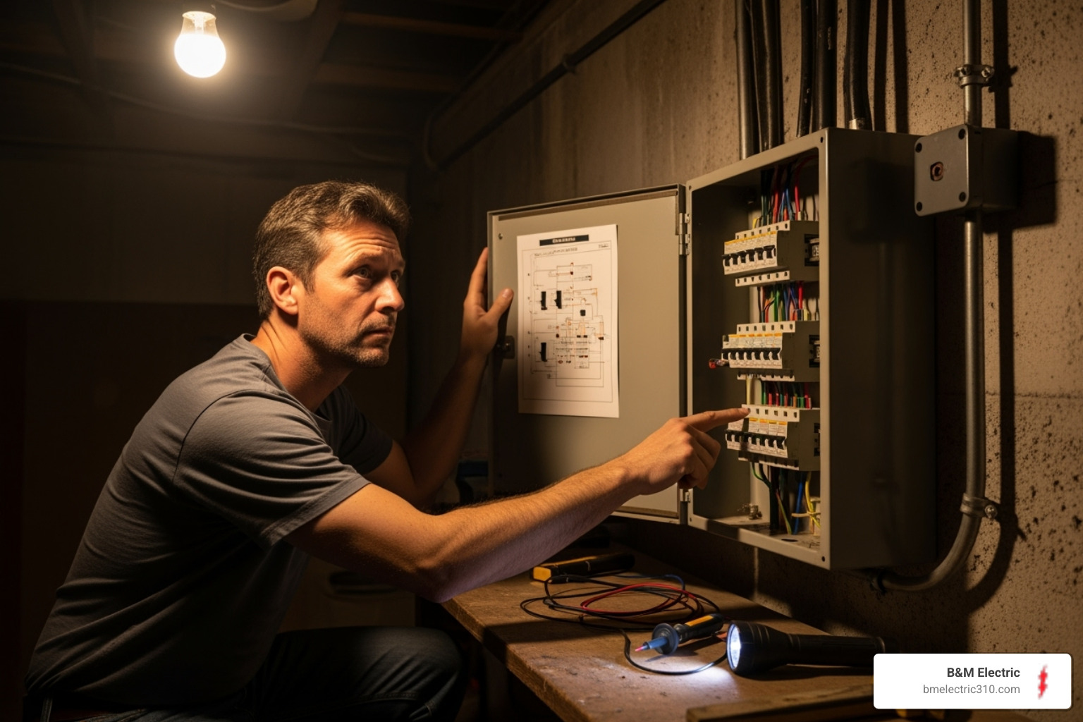 homeowner looking at a frequently tripped breaker - Home electrical panel upgrade homeowner looking at a frequently tripped breaker - Home electrical panel upgrade