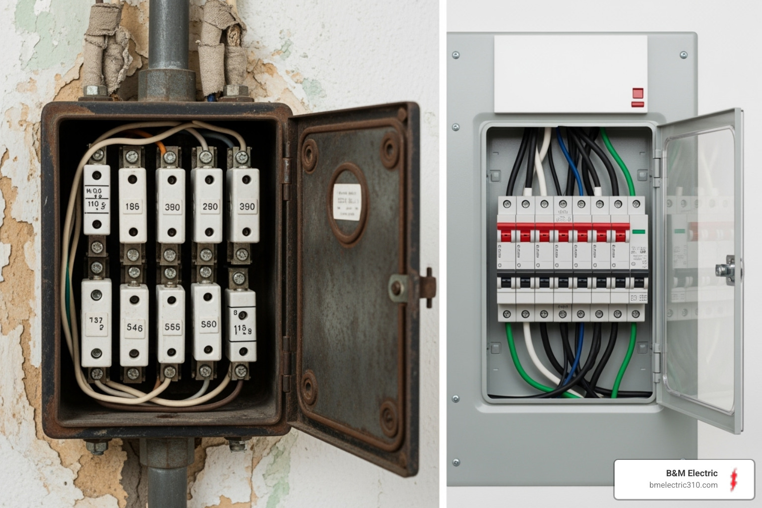 comparing an old fuse box to a modern circuit breaker panel - Home electrical panel upgrade comparing an old fuse box to a modern circuit breaker panel - Home electrical panel upgrade