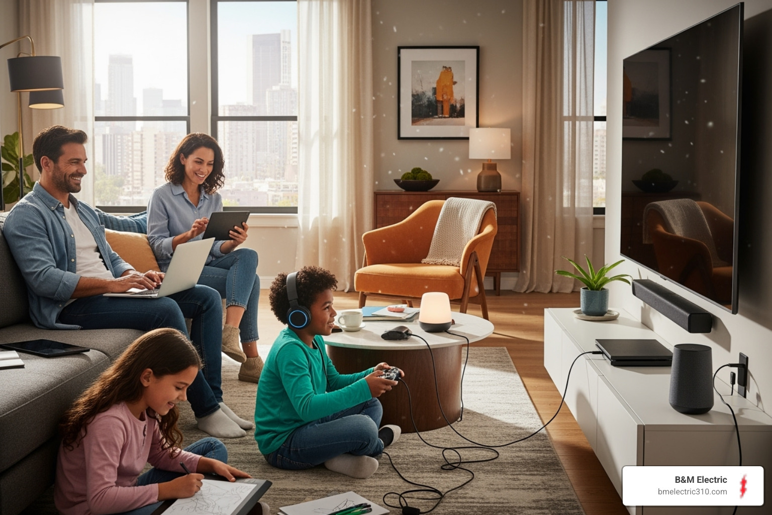 happy family in a modern, well-lit home with various electronics running - Home electrical panel upgrade happy family in a modern, well-lit home with various electronics running - Home electrical panel upgrade