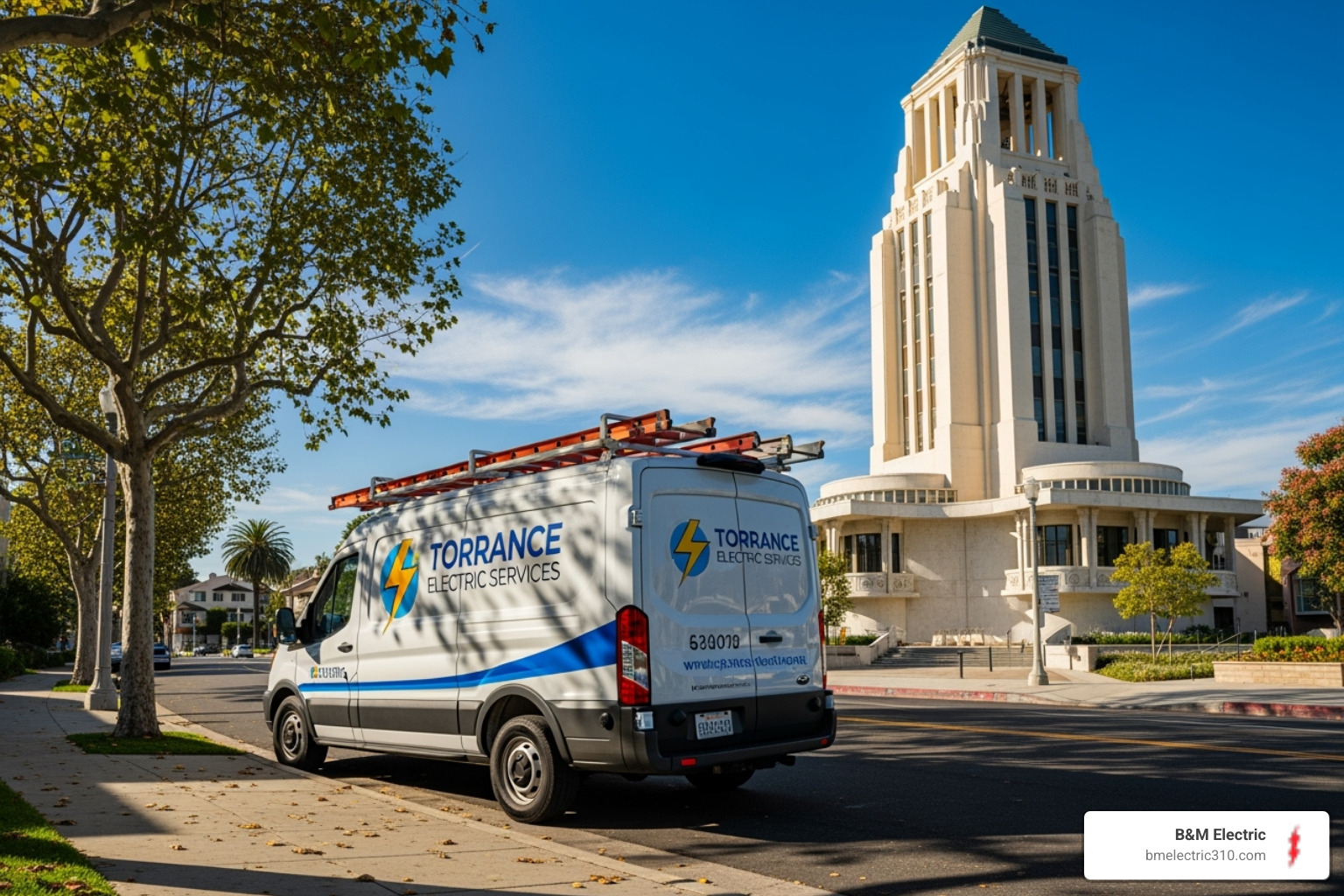 friendly electrician's truck with Torrance city hall in background - Electrical Inspection Services Torrance