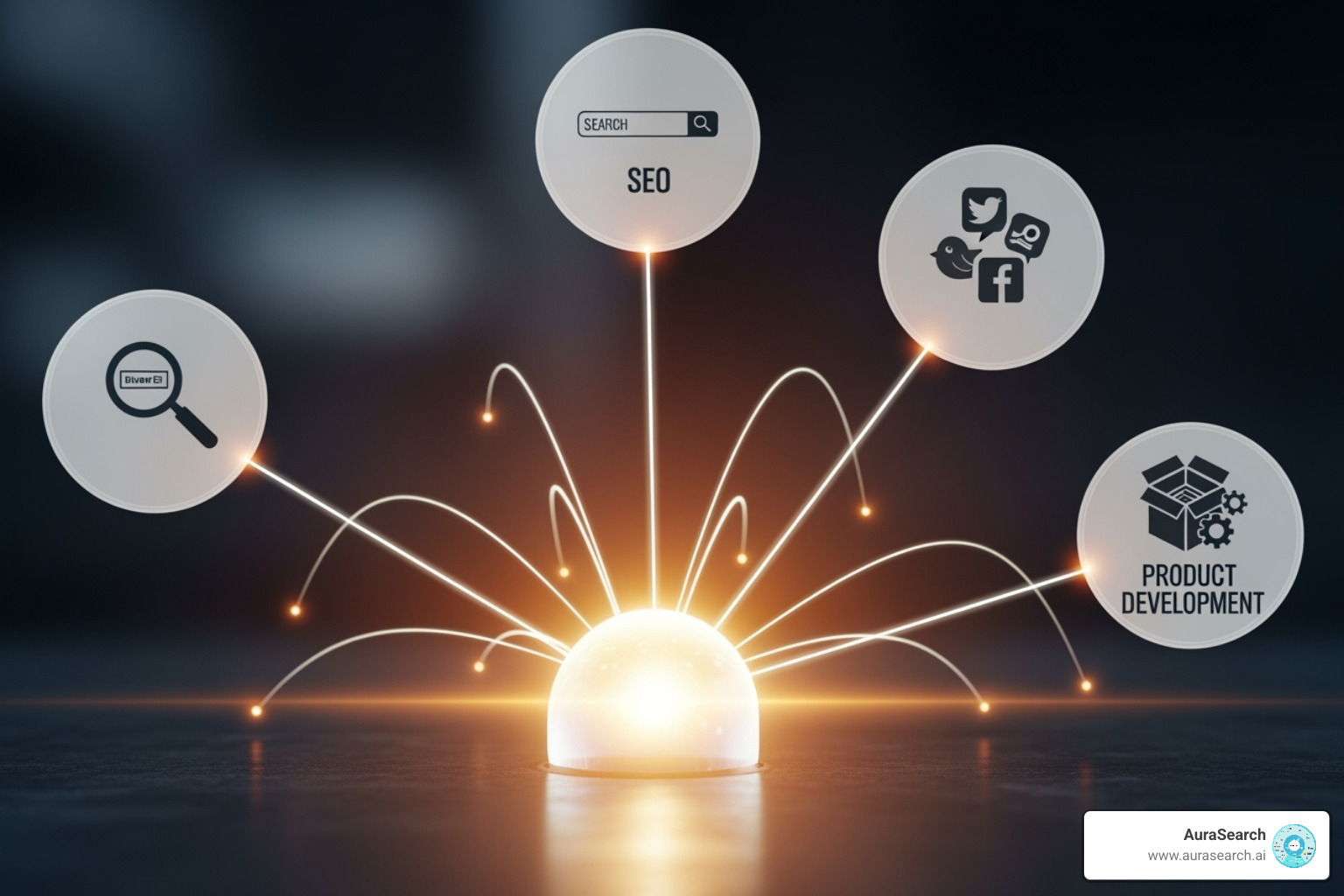 a central hub connecting to different analysis areas like SEO, social media, and product - AI competitor analysis a central hub connecting to different analysis areas like SEO, social media, and product - AI competitor analysis