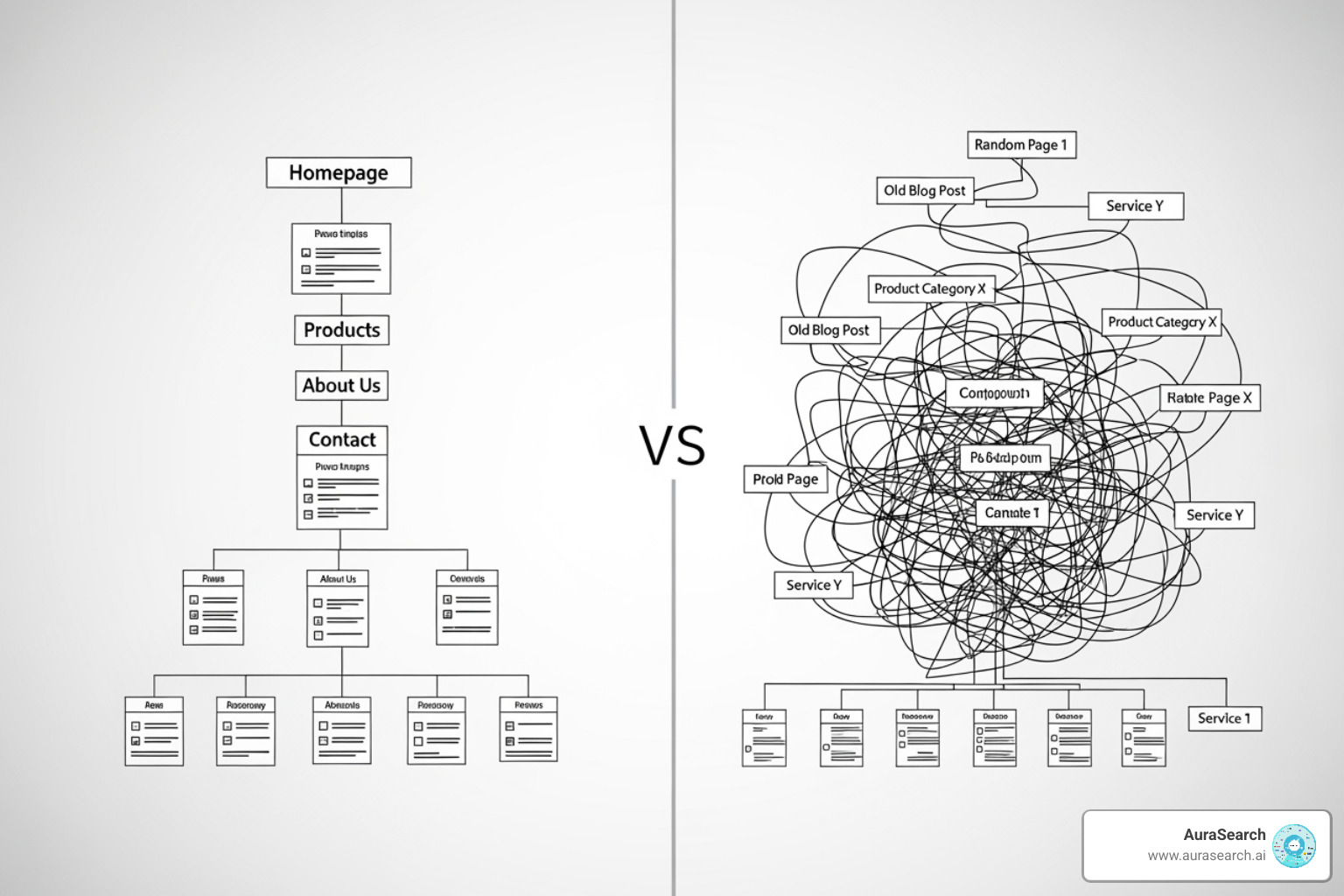 Image showing a clear, logical site structure with hierarchical pages vs. a messy, unorganized site structure with tangled lines - how to optimize your site