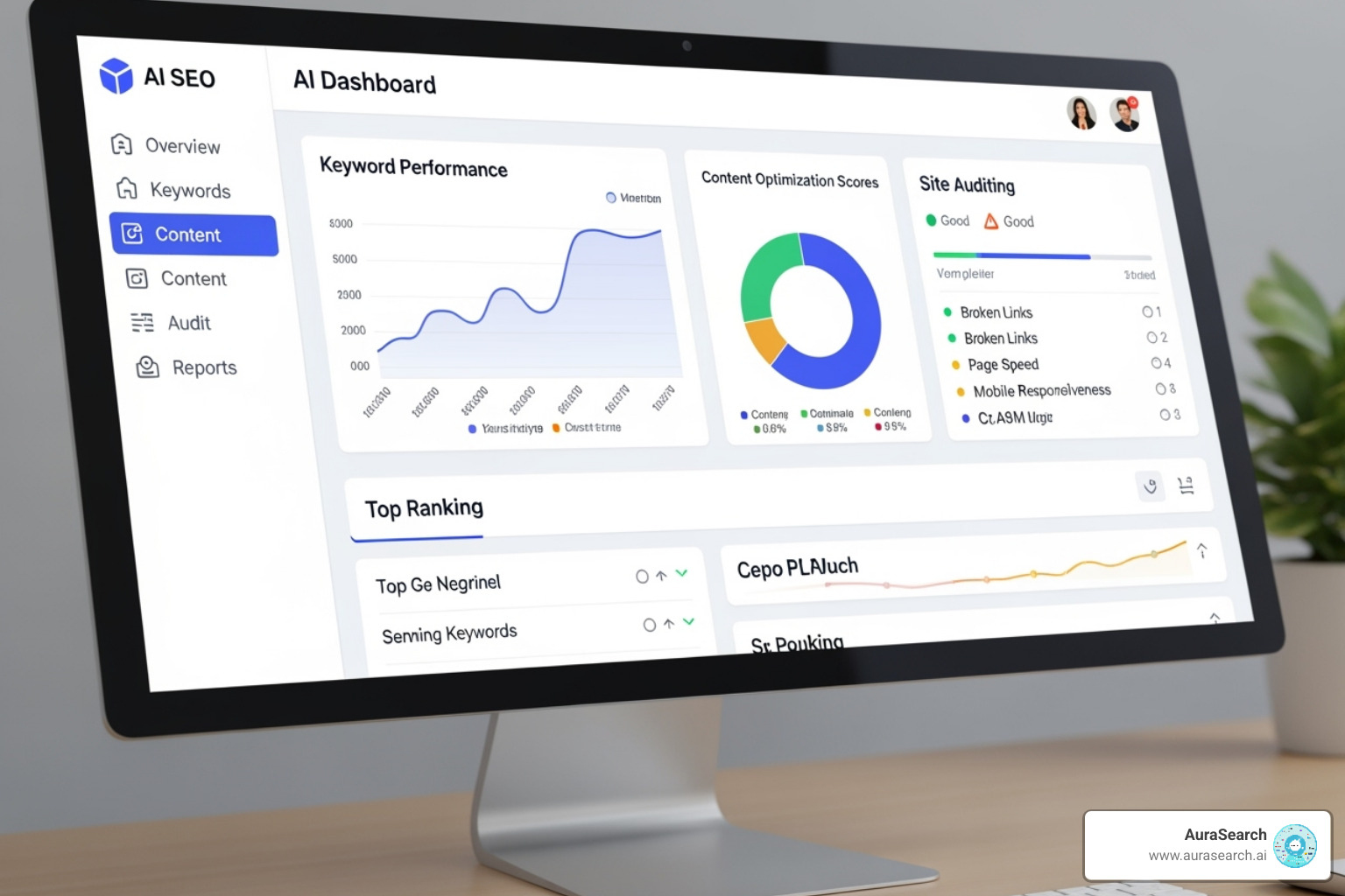 AI SEO dashboard showing various features like keyword research, content optimization, and site audit - ai seo tools for small business