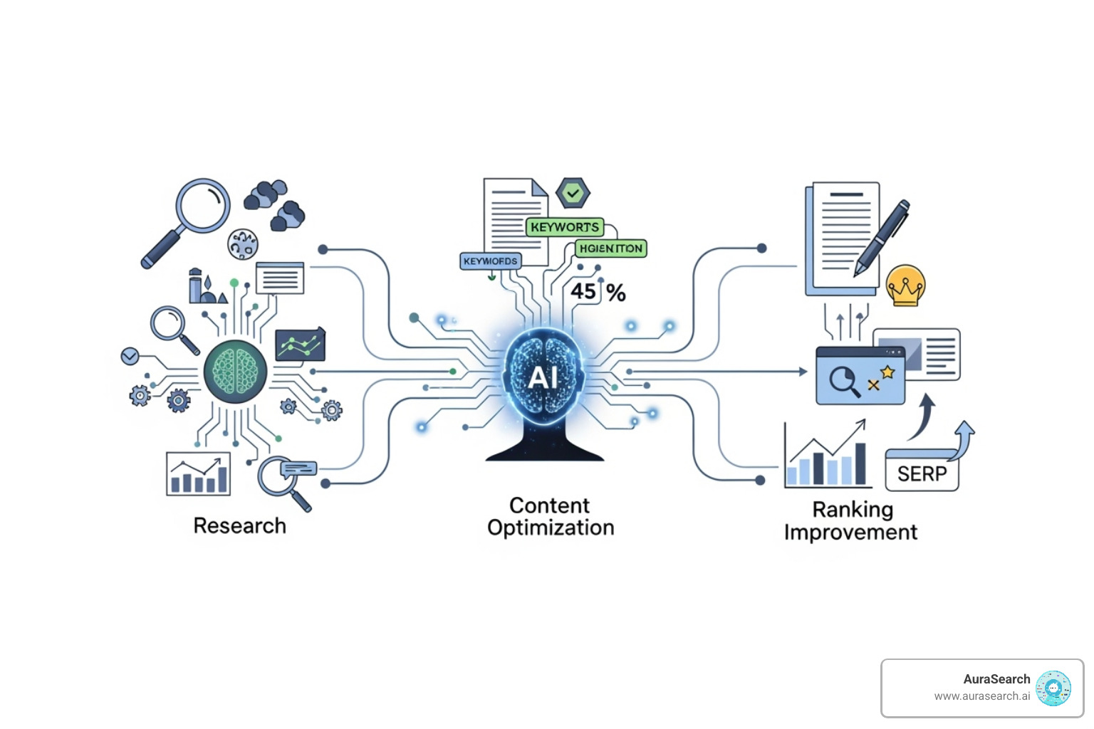 Workflow diagram showing AI assisting with SEO tasks from research to ranking - ai seo tools for small business