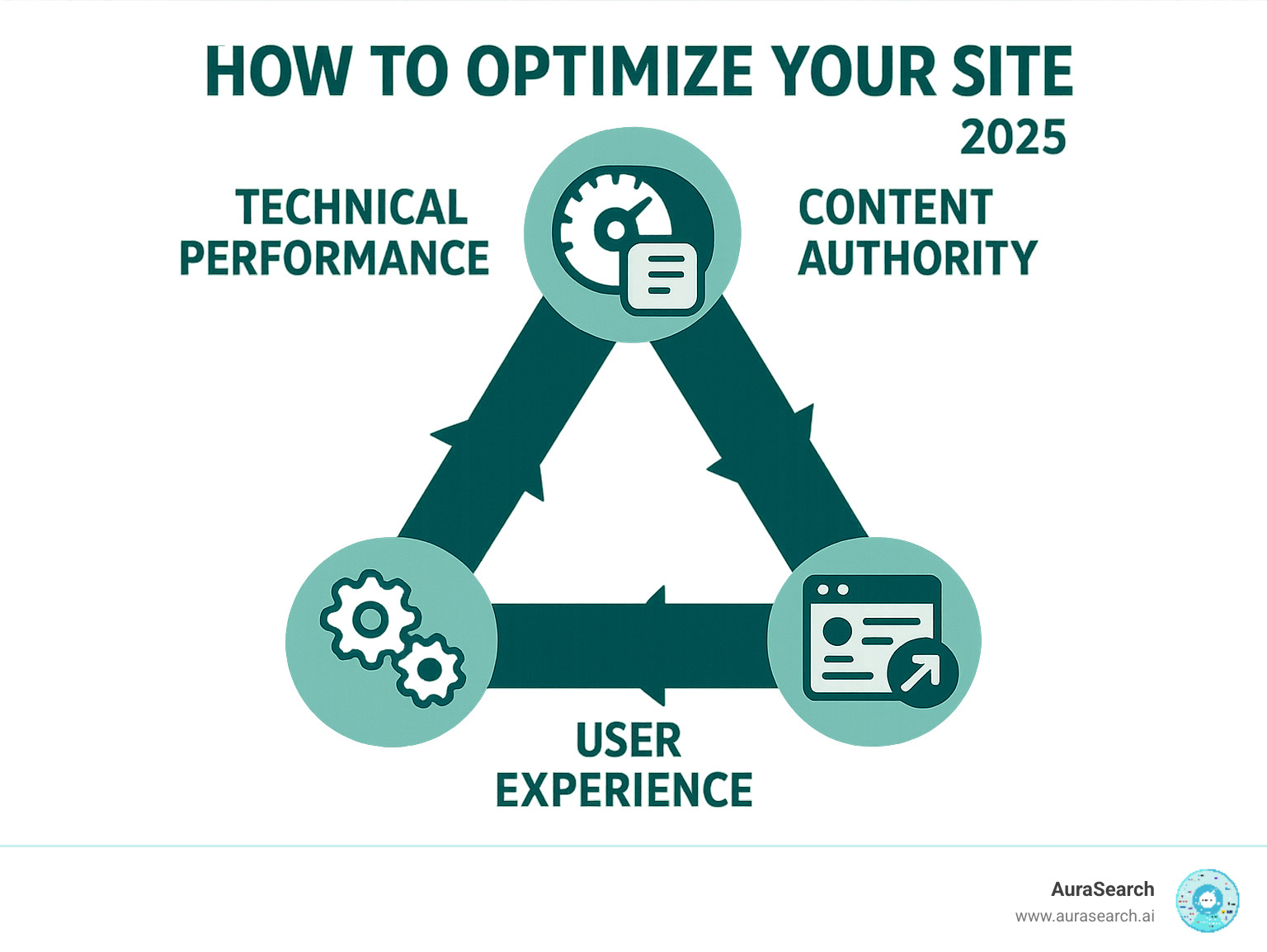 Infographic showing the three pillars of website optimization: Technical Performance with gears and speed icons, Content Authority with content creation and ranking symbols, and User Experience with user interface and conversion elements, all connected in a triangle formation - how to optimize your site infographic 