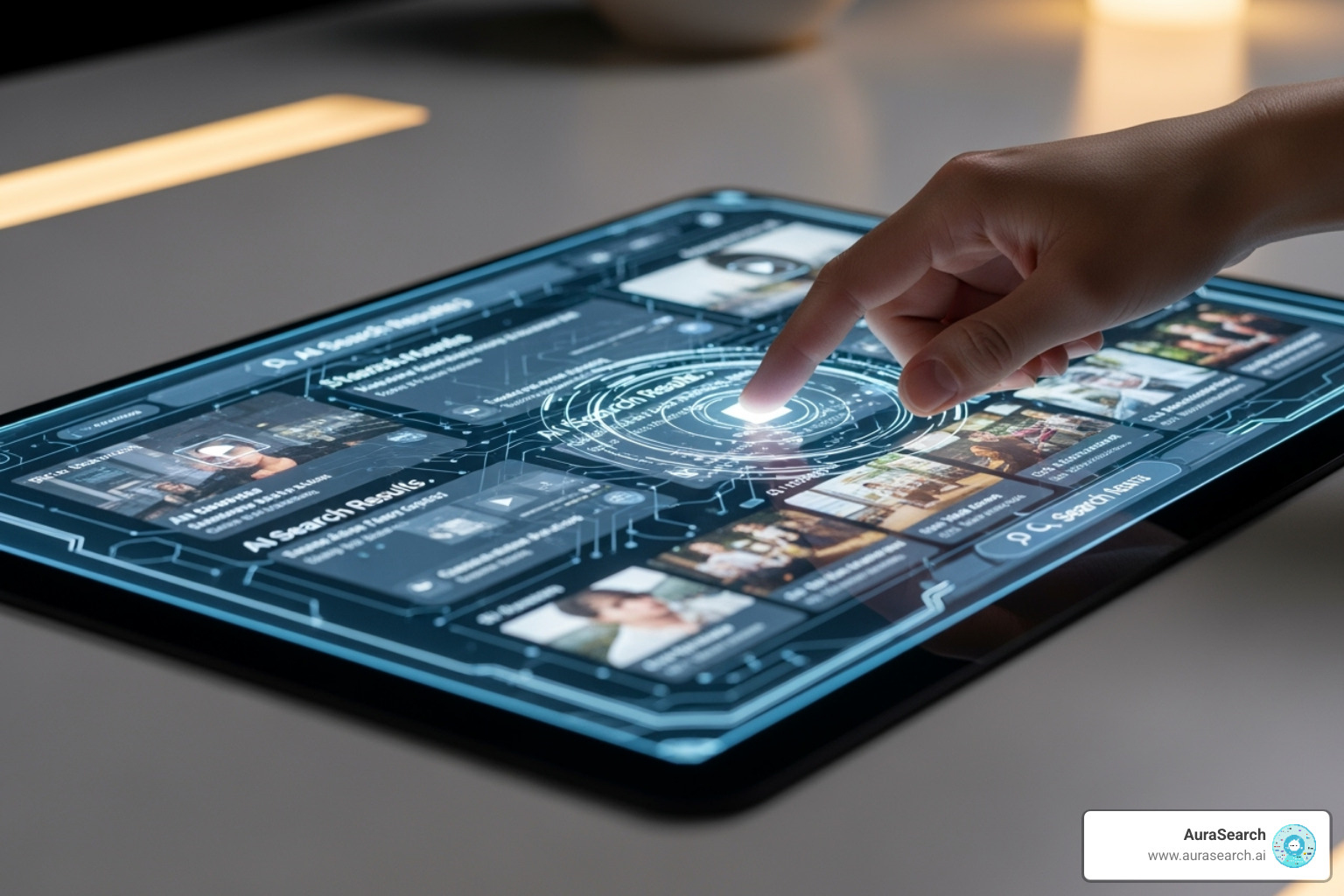 Futuristic search interface concept showing AI-generated answers with integrated multimedia and interactive elements - AI Overviews SEO