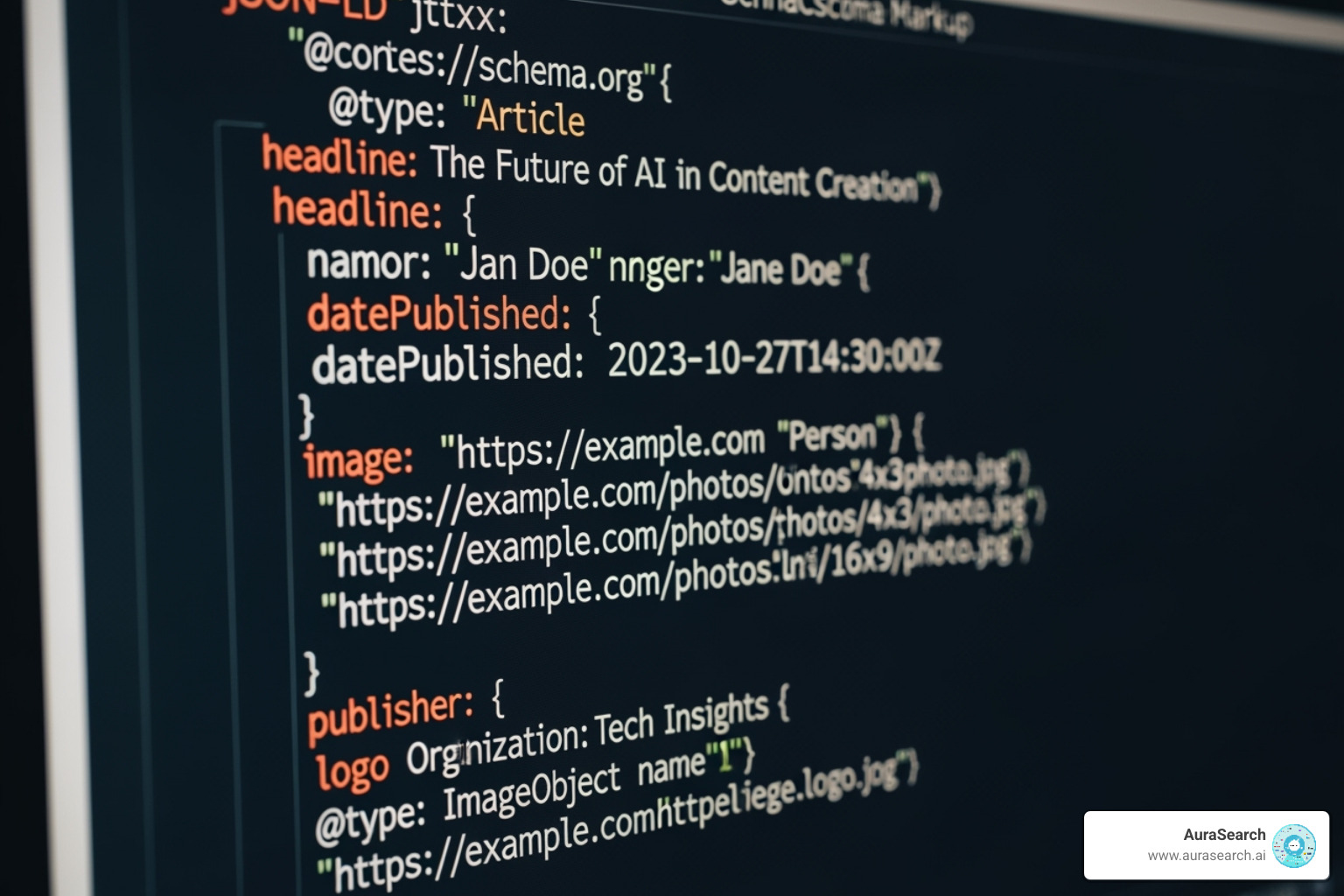 Example of structured data code for an article, highlighting key properties like headline, author, and datePublished - AI Overviews SEO