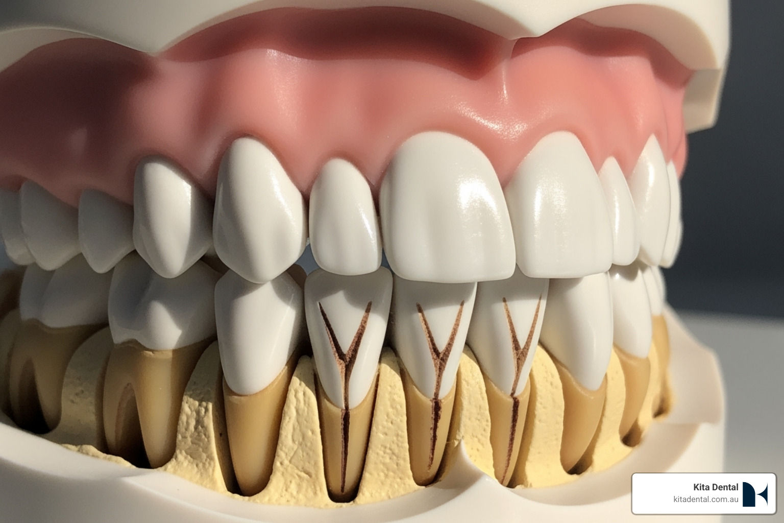 dental model illustrating common signs of gum recession including exposed roots and notches - Gingival recession and grafting: Gingival recession caused by orthodontic treatment and how gingiva grafting can fix them. I have pre-op and post-op pictures dental model illustrating common signs of gum recession including exposed roots and notches - Gingival recession and grafting: Gingival recession caused by orthodontic treatment and how gingiva grafting can fix them. I have pre-op and post-op pictures