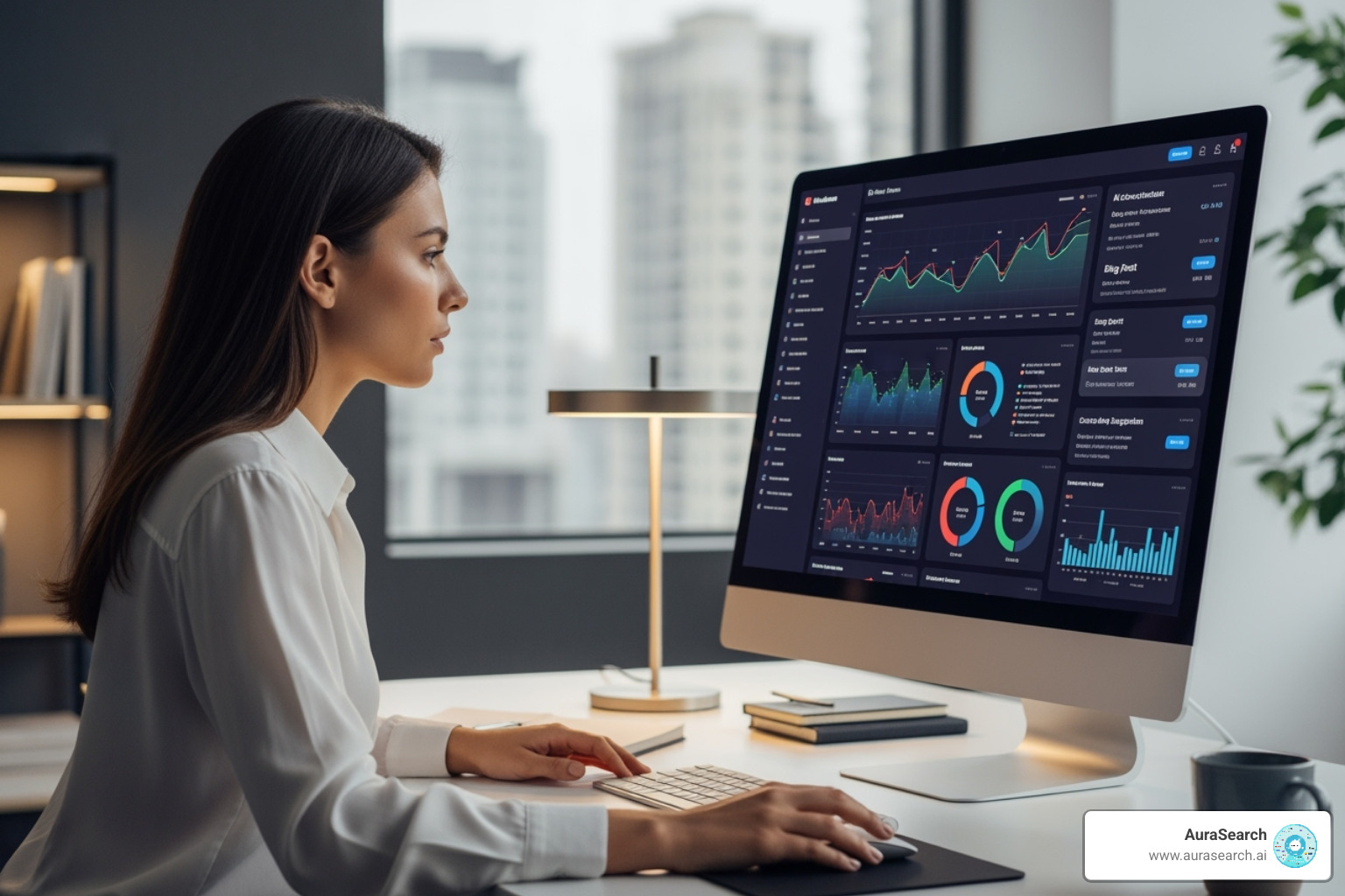 marketer at a dashboard with AI-driven charts and content suggestions - artificial intelligence seo