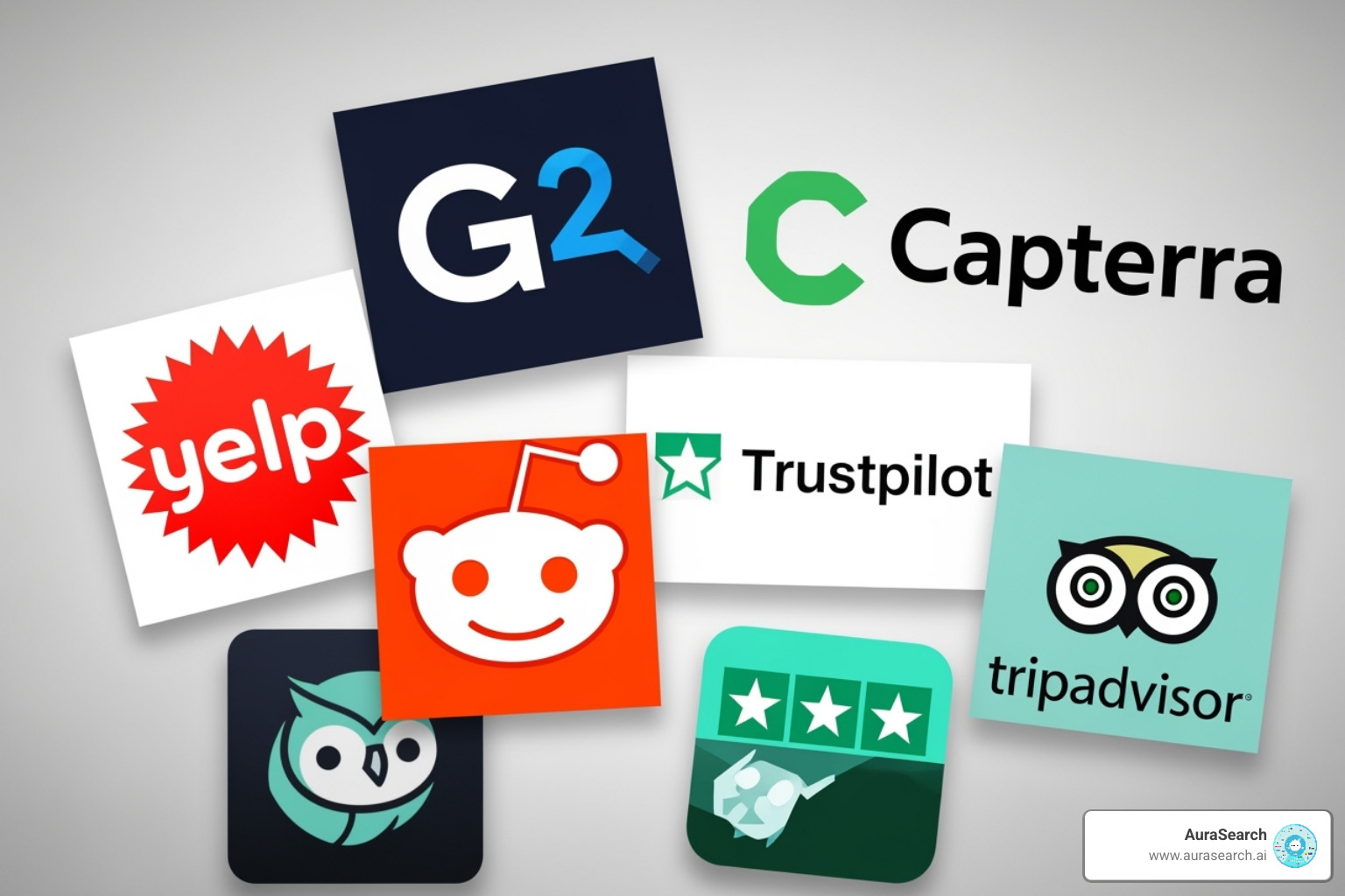 logos from popular review and community platforms like Reddit, G2, and Capterra - how to rank in chatgpt