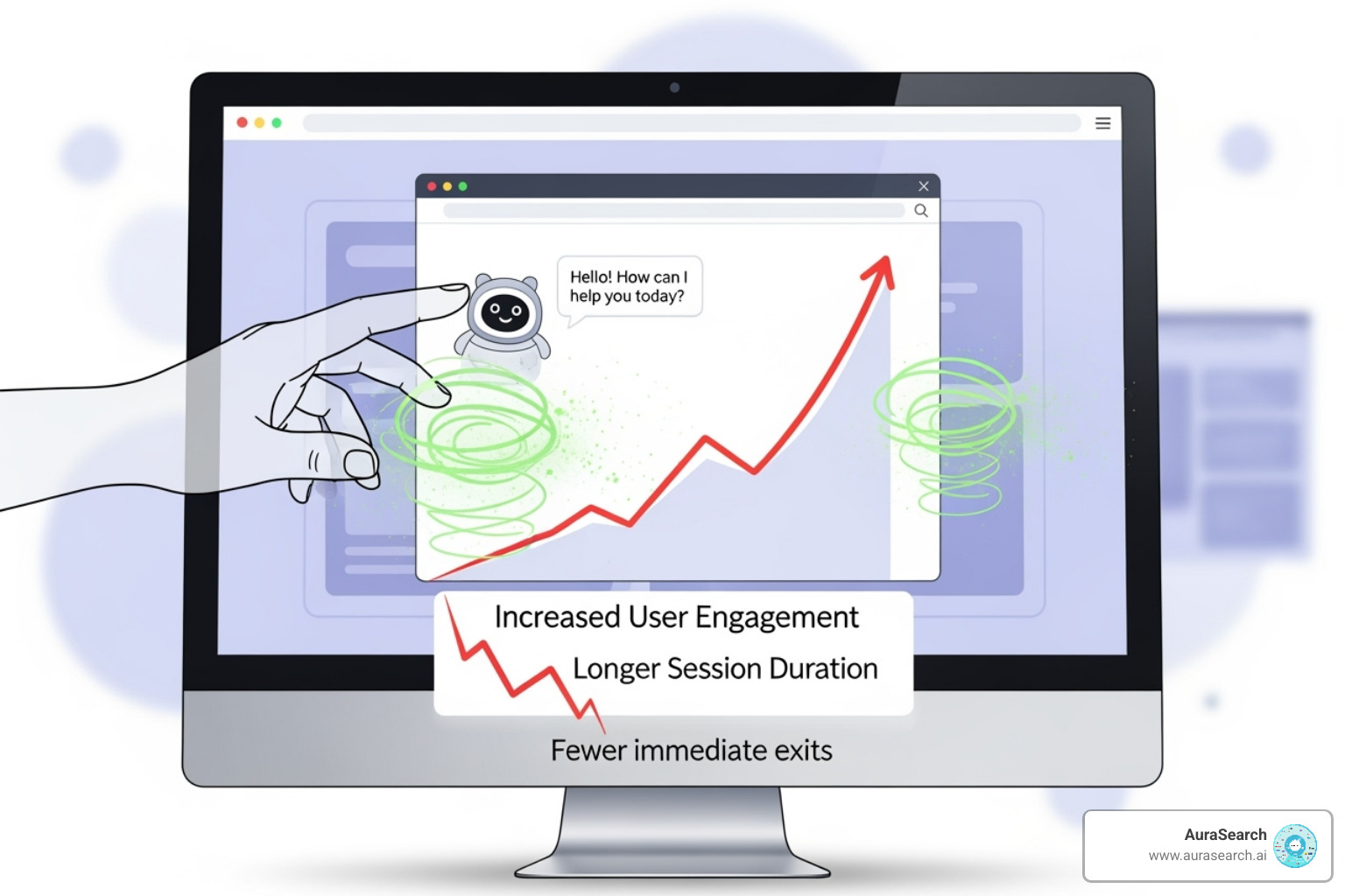 diagram showing how chatbot interactions influence SEO signals like dwell time and bounce rate - AI chatbot SEO