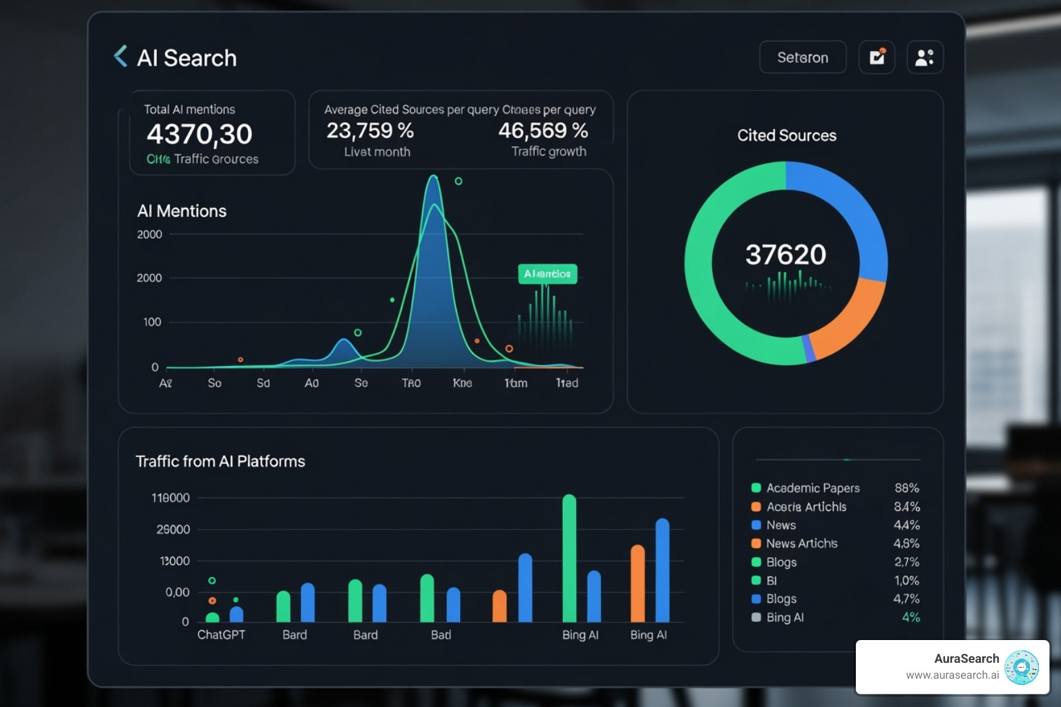 A dashboard displaying AI visibility metrics, including AI mentions, cited sources, and traffic from various AI platforms like ChatGPT and Perplexity. - ai search optimization tools