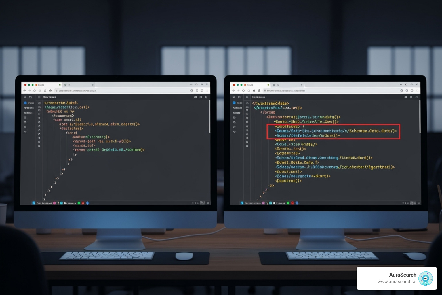 Comparison of website code with and without structured data markup, showing how Schema.org tags add context for AI algorithms. - ai search optimization tools