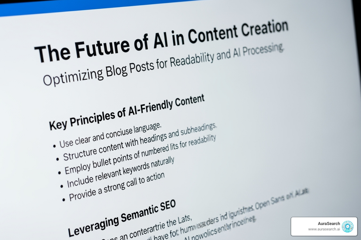 A well-structured blog post optimized for readability and AI extraction, showing clear headings, bullet points, and concise paragraphs. - ai search optimization tools