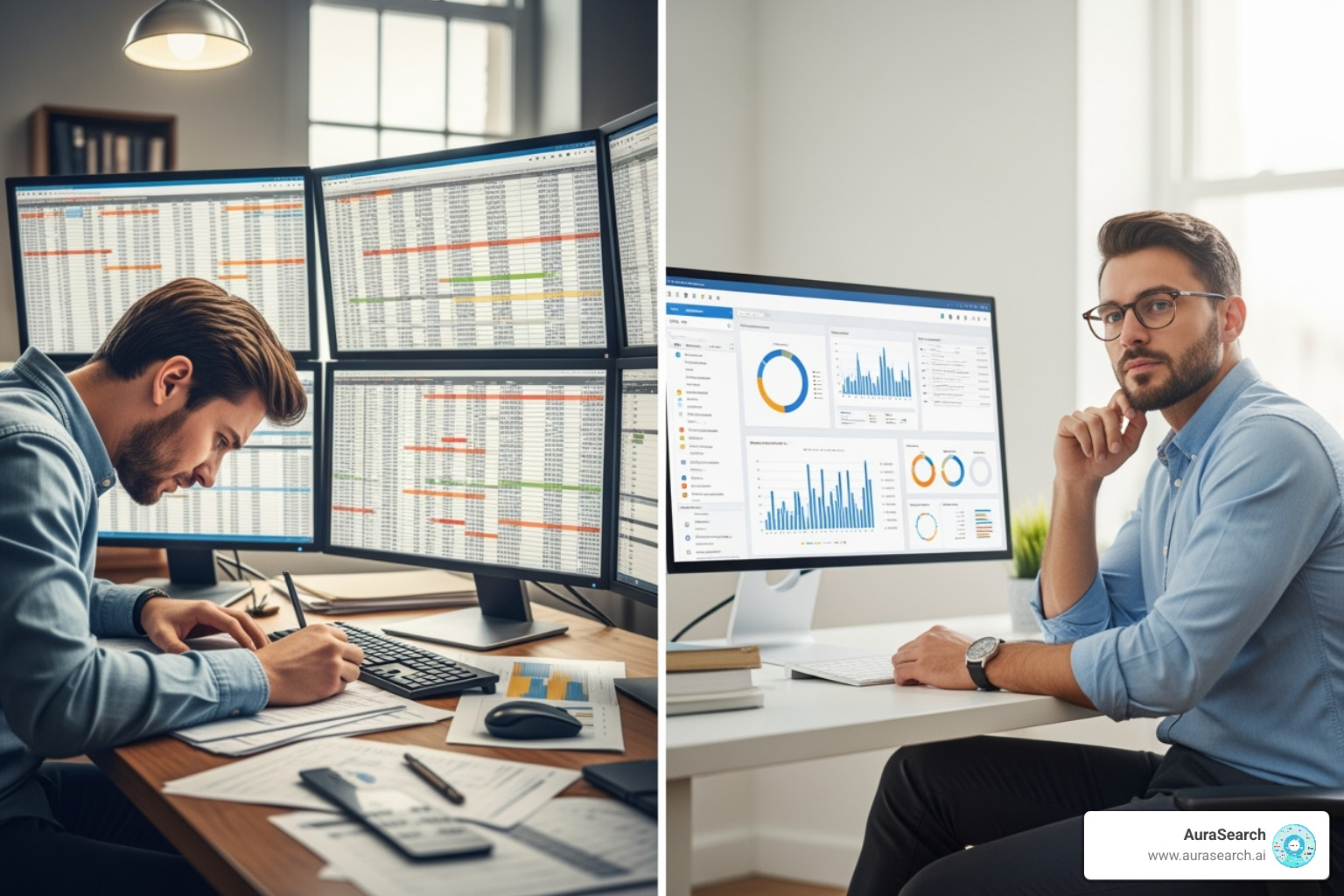 A split-screen image showing on the left a person hunched over a desk filled with papers and multiple computer screens displaying spreadsheets, looking stressed. On the right, a confident person sitting upright at a clean desk, looking at a single large screen displaying intuitive dashboards and charts, with a thoughtful expression. - AI SEO specialist A split-screen image showing on the left a person hunched over a desk filled with papers and multiple computer screens displaying spreadsheets, looking stressed. On the right, a confident person sitting upright at a clean desk, looking at a single large screen displaying intuitive dashboards and charts, with a thoughtful expression. - AI SEO specialist