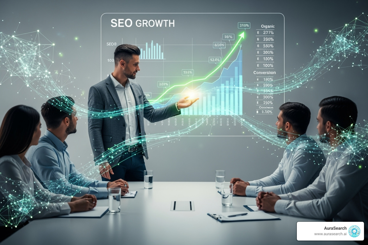 A confident SEO professional presenting a growth chart to a team, with subtle holographic AI elements like data streams and network connections integrated into the background and around the charts. - AI SEO specialist A confident SEO professional presenting a growth chart to a team, with subtle holographic AI elements like data streams and network connections integrated into the background and around the charts. - AI SEO specialist