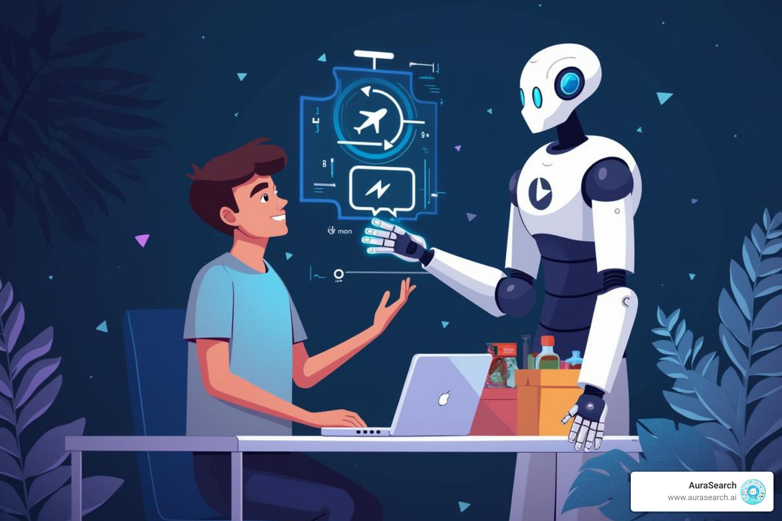 An illustration of an AI agent making decisions for a user, such as booking a flight or ordering groceries, based on optimized search results. - ai search optimization tools