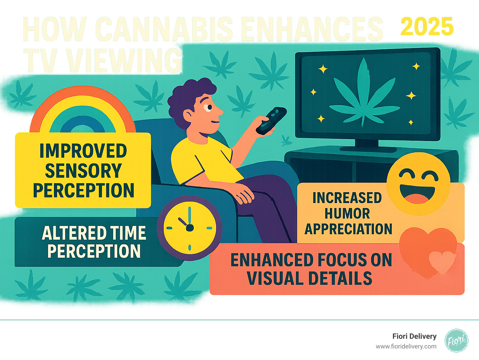 Infographic showing how cannabis improves TV viewing experience through improved sensory perception, increased humor appreciation, altered time perception, improved focus on visual details, and heightened emotional engagement with characters and storylines - best shows to watch stoned infographic 