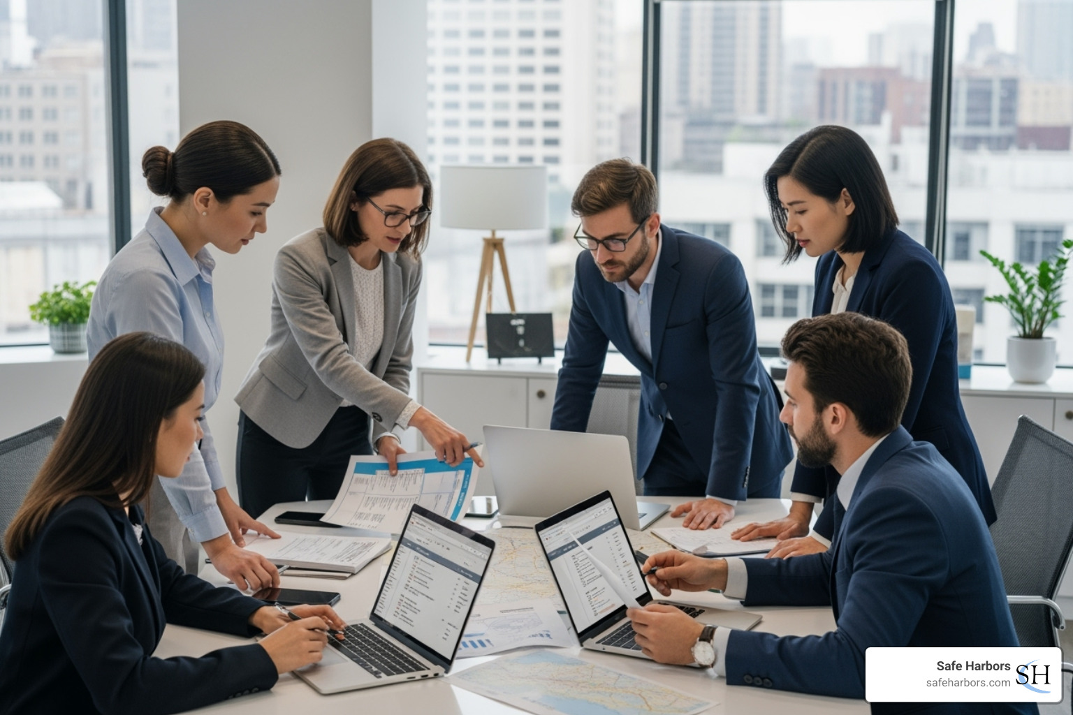 diverse group of business professionals in a modern office setting reviewing travel plans - corporate travel agency services