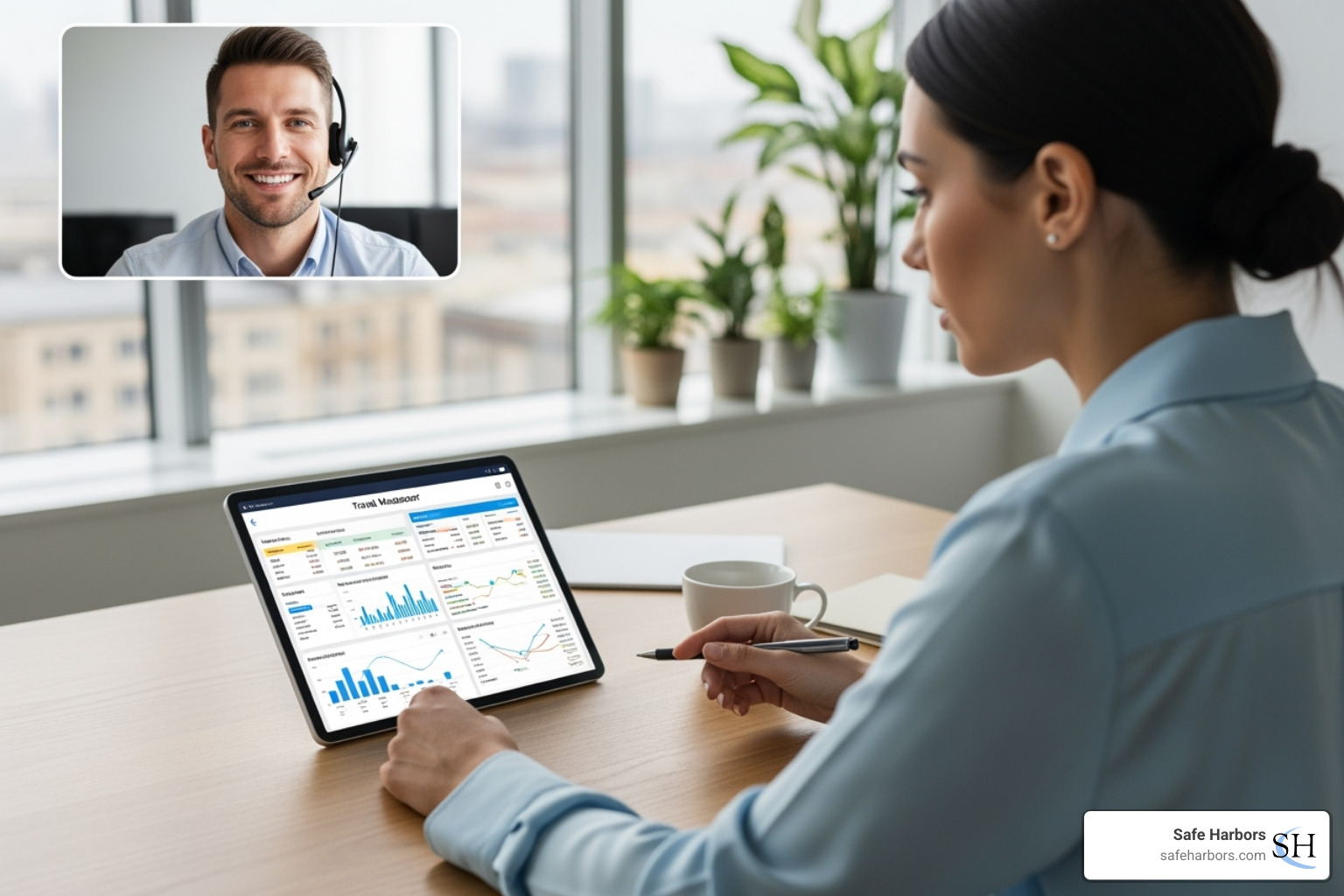 travel manager using a travel dashboard on a tablet with a smiling agent on a video call in the corner - corporate travel agency services