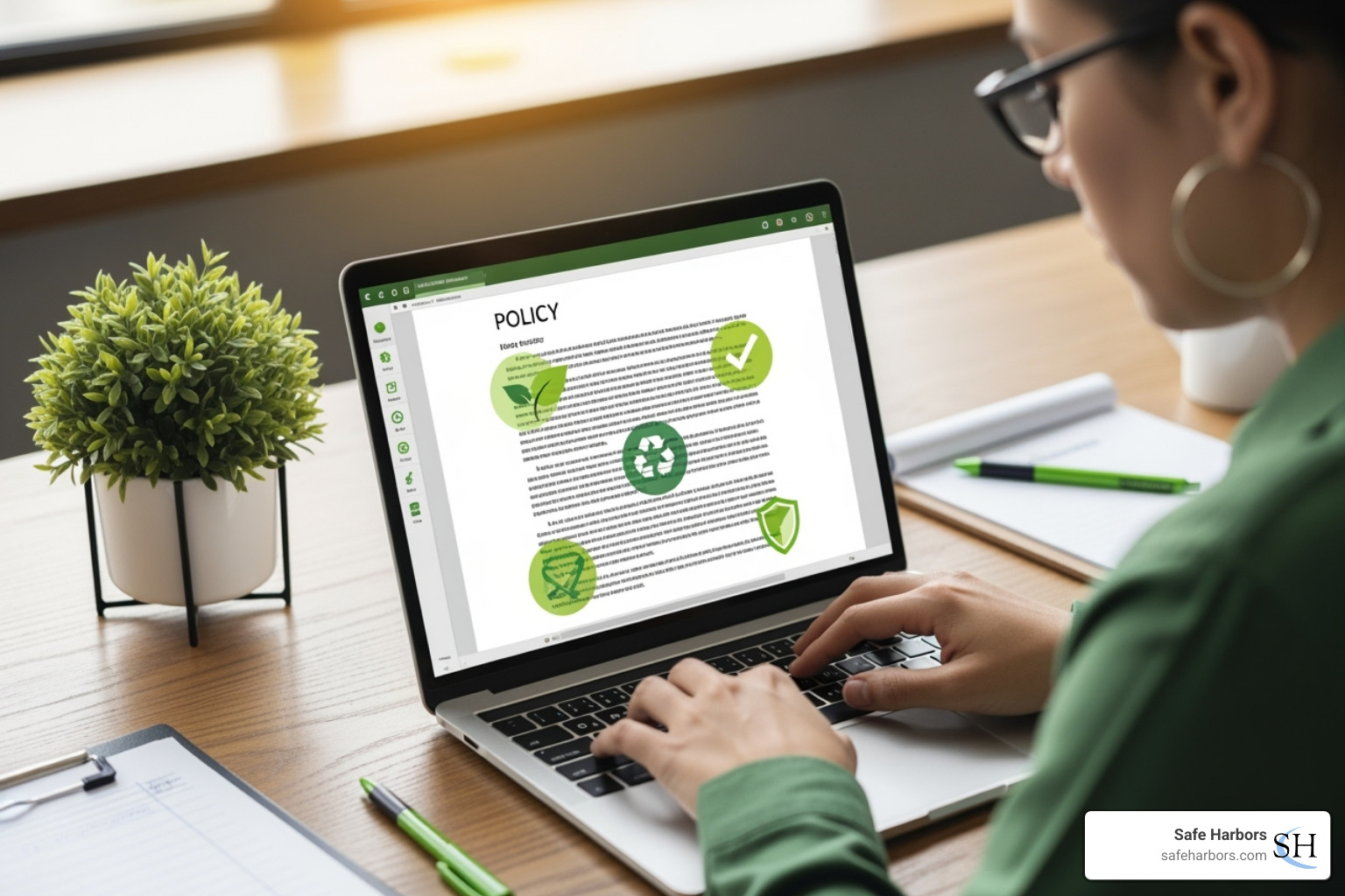 A person writing a policy document with green-themed icons - Sustainable business travel solutions