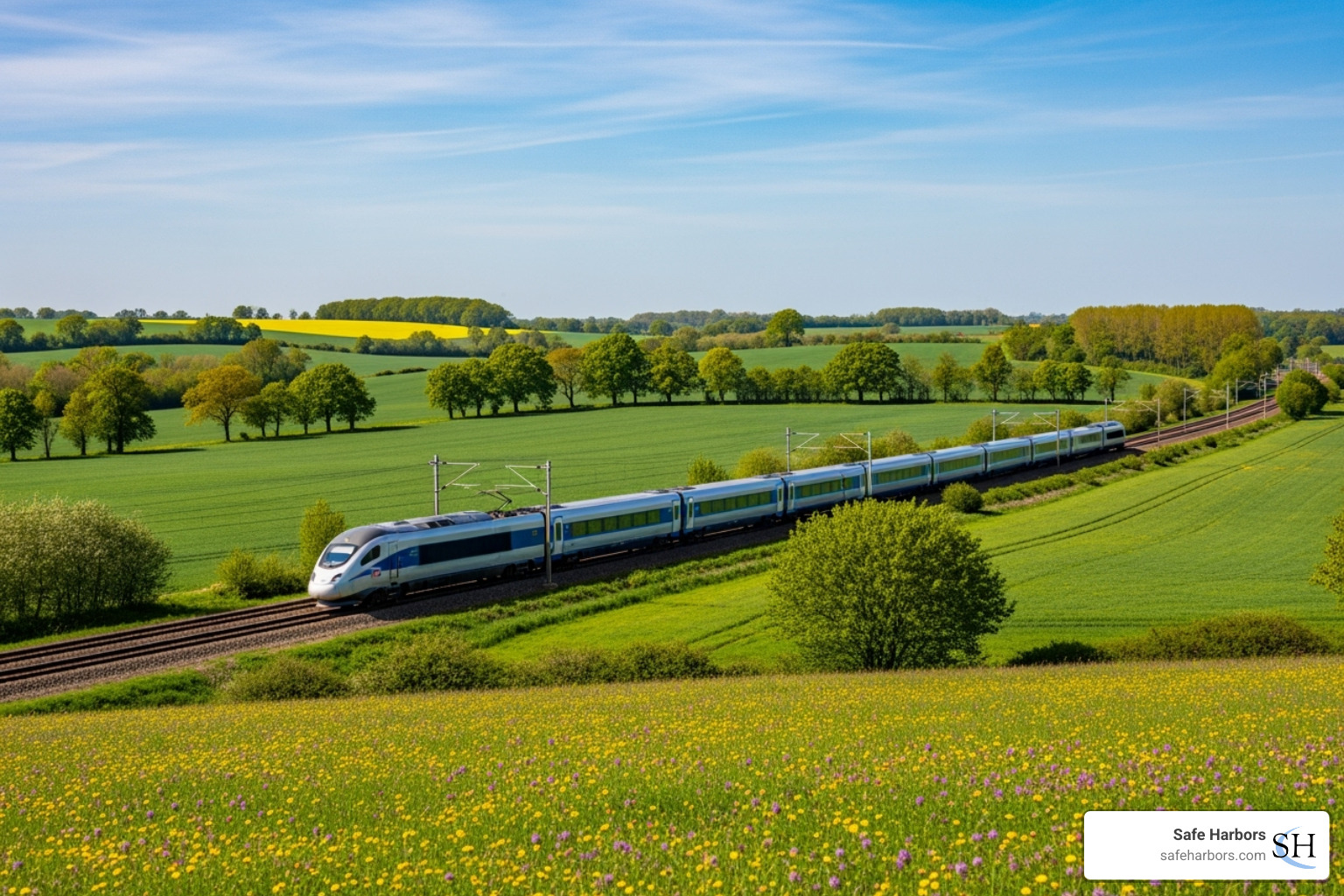 A high-speed train moving through a green landscape - Sustainable business travel solutions