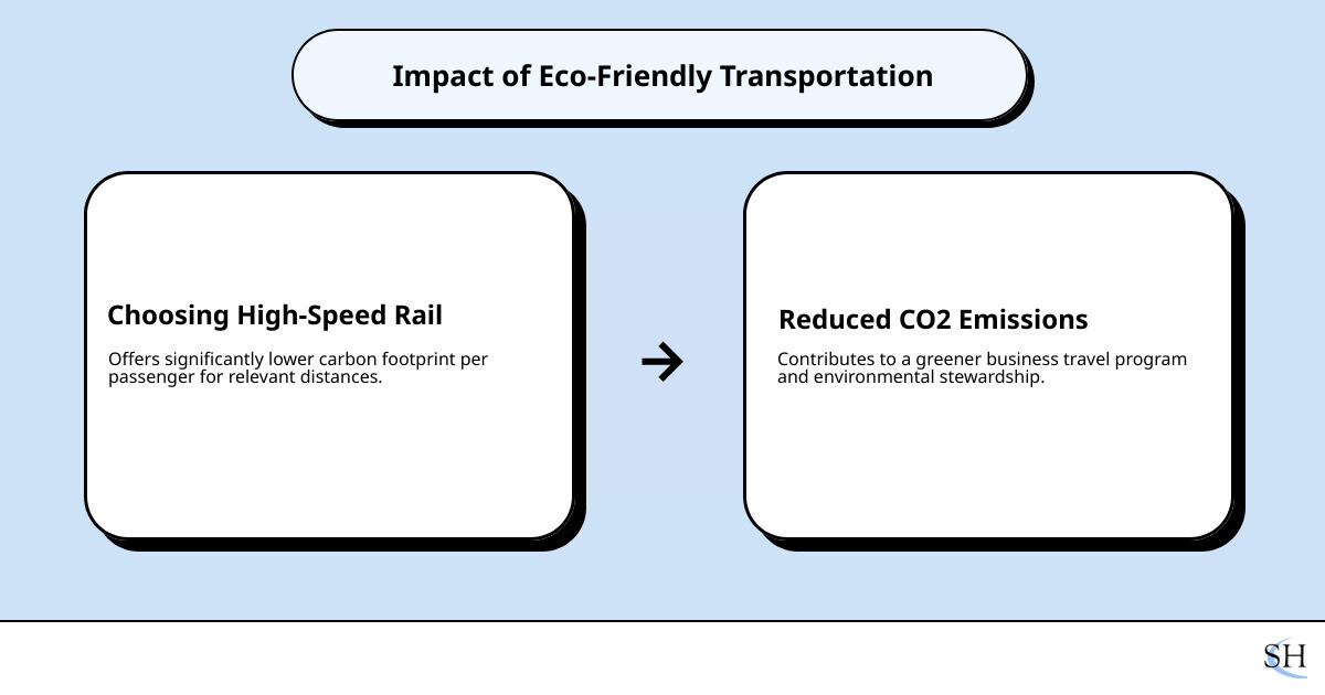Table comparing CO2 emissions, cost, and time for different transport modes (e.g., Flight vs. High-Speed Rail vs. EV) for a 300-mile trip - Sustainable business travel solutions infographic cause_effect_text