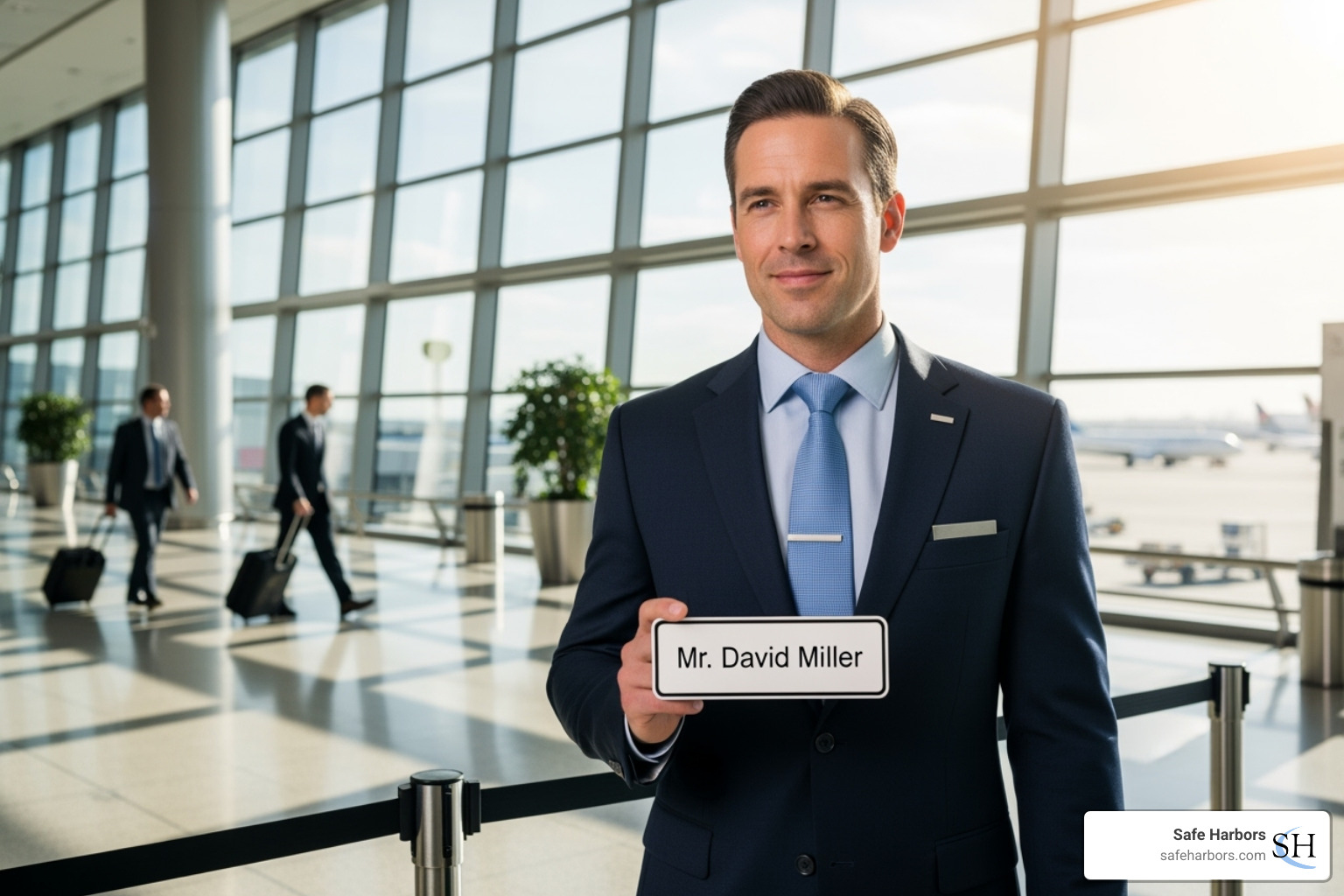 professional chauffeur holding a sign - Ground transportation services
