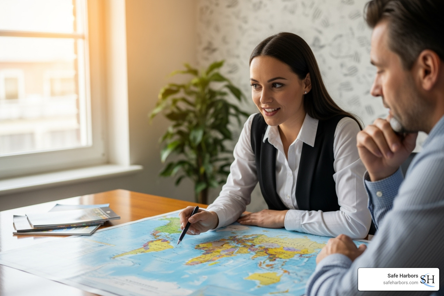 travel advisor consulting with a client over a map - concierge travel services