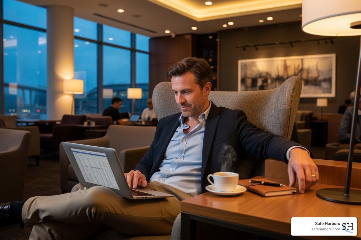 relaxed executive on a business trip, working seamlessly from a luxury lounge - concierge travel services