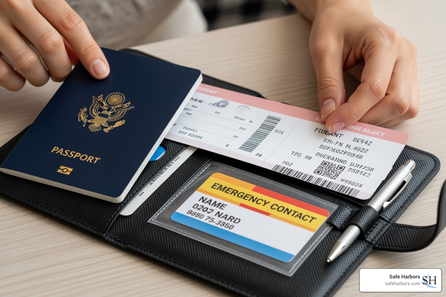 Person packing a travel document organizer with a passport, tickets, and an emergency card - Emergency travel service