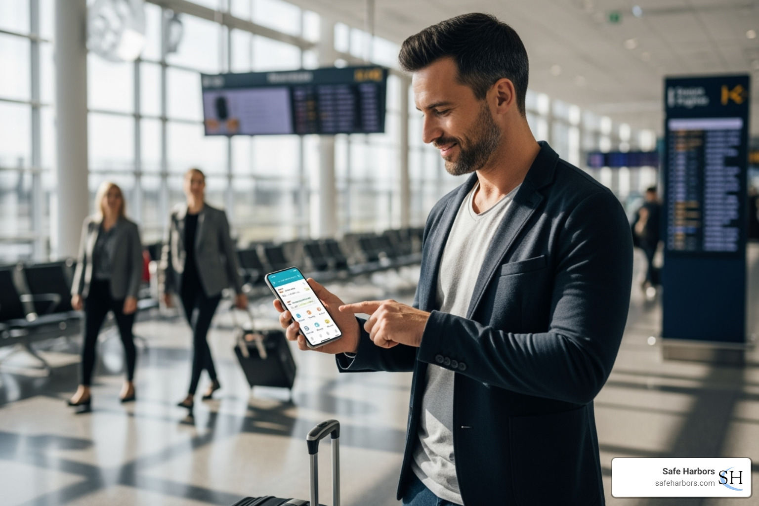 Traveler using a mobile app to manage their itinerary - Corporate trip management Traveler using a mobile app to manage their itinerary - Corporate trip management