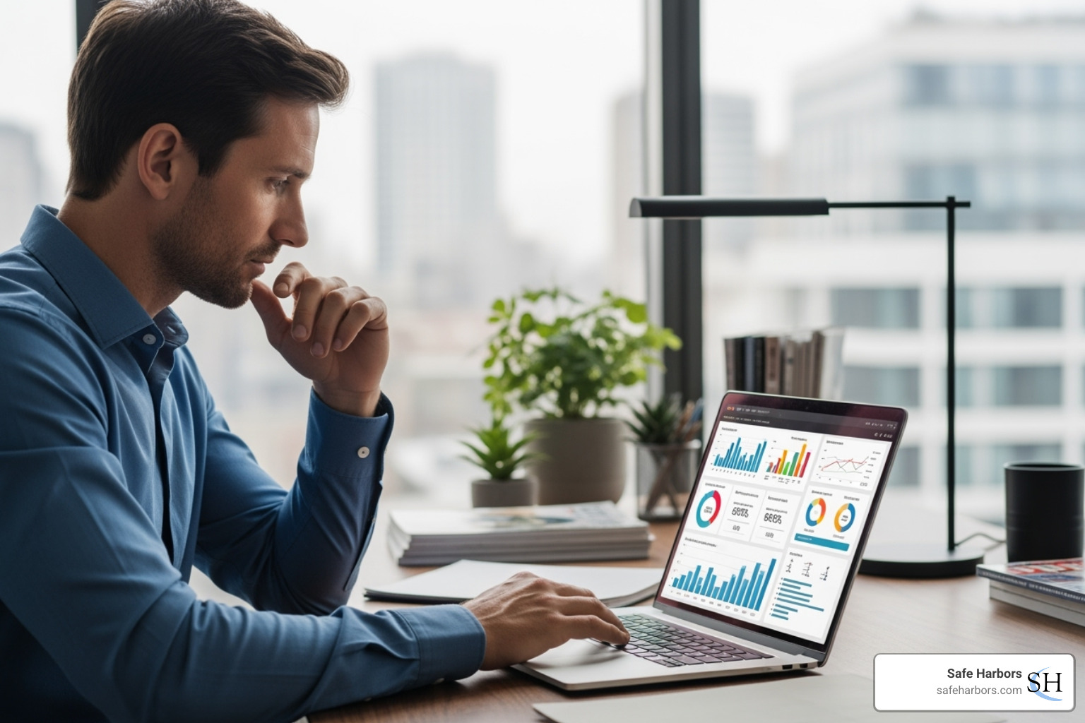 Travel manager analyzing data on a laptop - Corporate trip management Travel manager analyzing data on a laptop - Corporate trip management