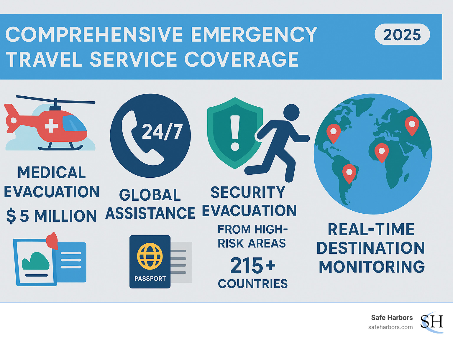 Comprehensive emergency travel service coverage including medical evacuation up to $5 million, 24/7 global assistance hotline, security evacuation from high-risk areas, lost document replacement services, and real-time destination monitoring across 215+ countries - Emergency travel service infographic 