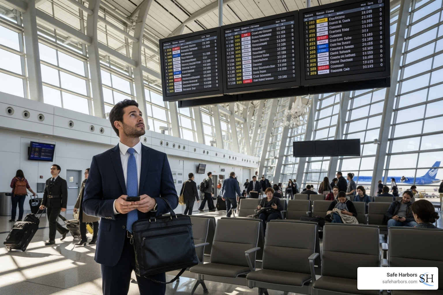 Business professional looking at flight boards in a modern airport - global travel management