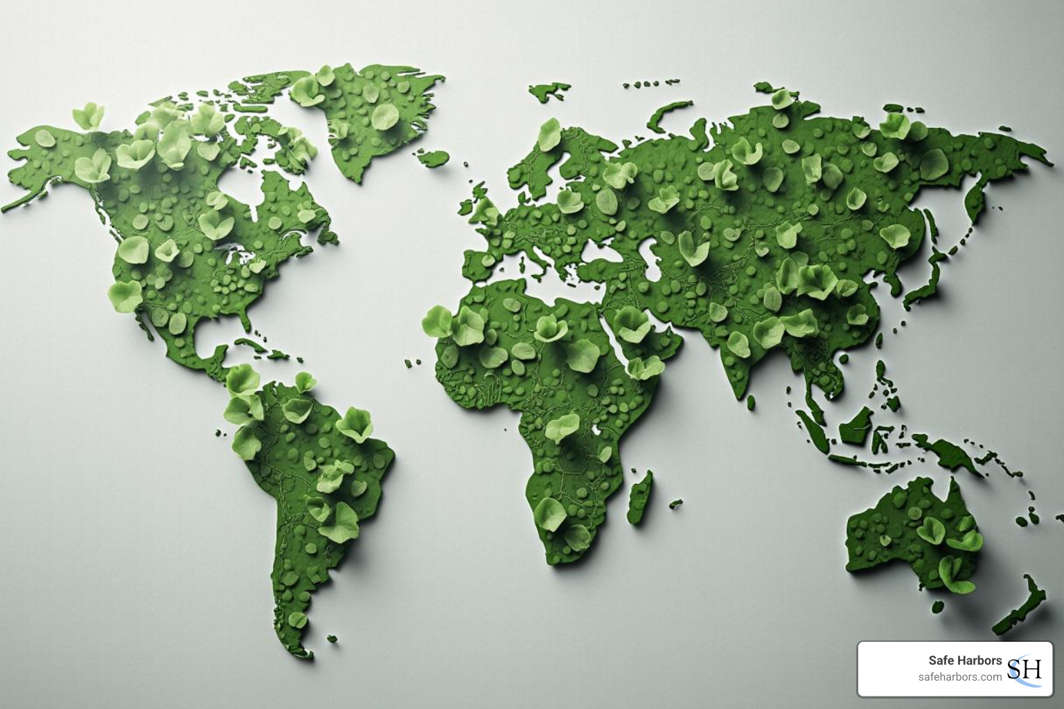 World map with risk alert icons and green leaf symbols - global travel management