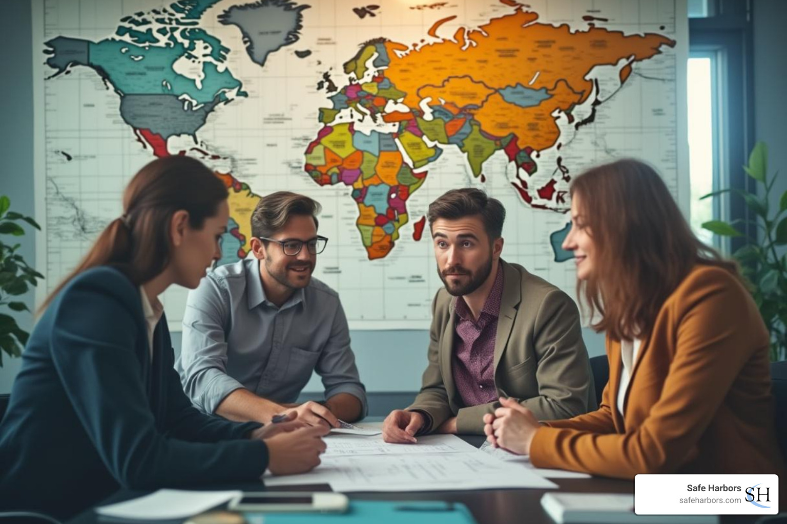 Team collaborating on a travel plan with a world map in the background - global travel management