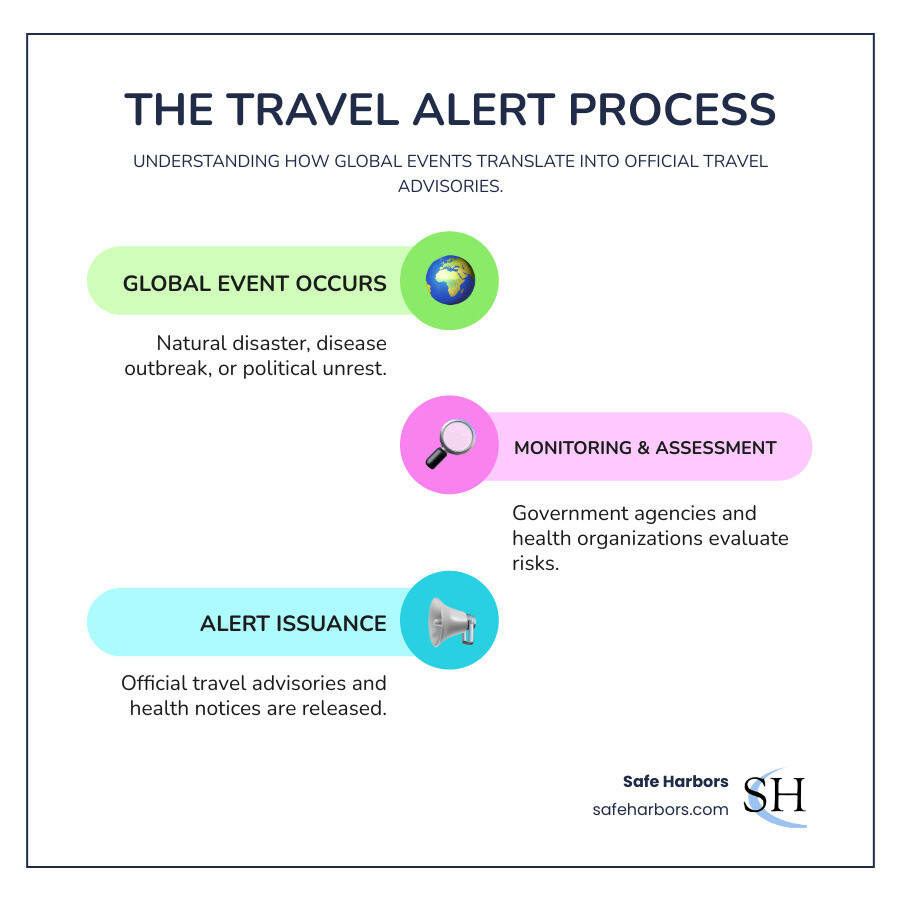 Infographic showing the process of a global event (e.g., natural disaster, disease outbreak, political unrest) being monitored by government agencies and health organizations, leading to the assessment of risk indicators, and finally the issuance of official travel advisories or health notices to inform travelers. - global travel alerts infographic infographic-line-3-steps-colors